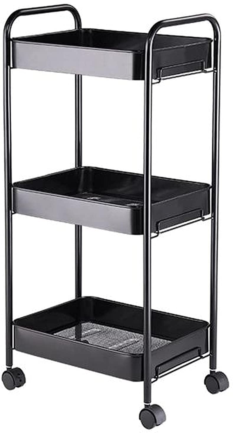 3-Tier Rolling Kitchen Storage Cart - JIAW Metal Utility Shelves with Casters for Pantry, Bathroom & Garage Organization (Black/White Options) - Perfect for Small Spaces & Mobile Storage Needs