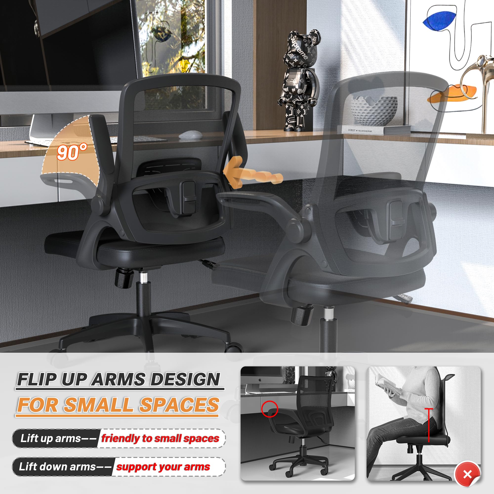 Ergonomic Mesh Office Chair with Adjustable Lumbar Support - Swivel Computer Desk Chair with Flip-Up Arms & Wheels - Comfortable Black Modern Chair for Home & Office Workspaces (Perfect for Long Hours of Work, Gaming, or Studying)