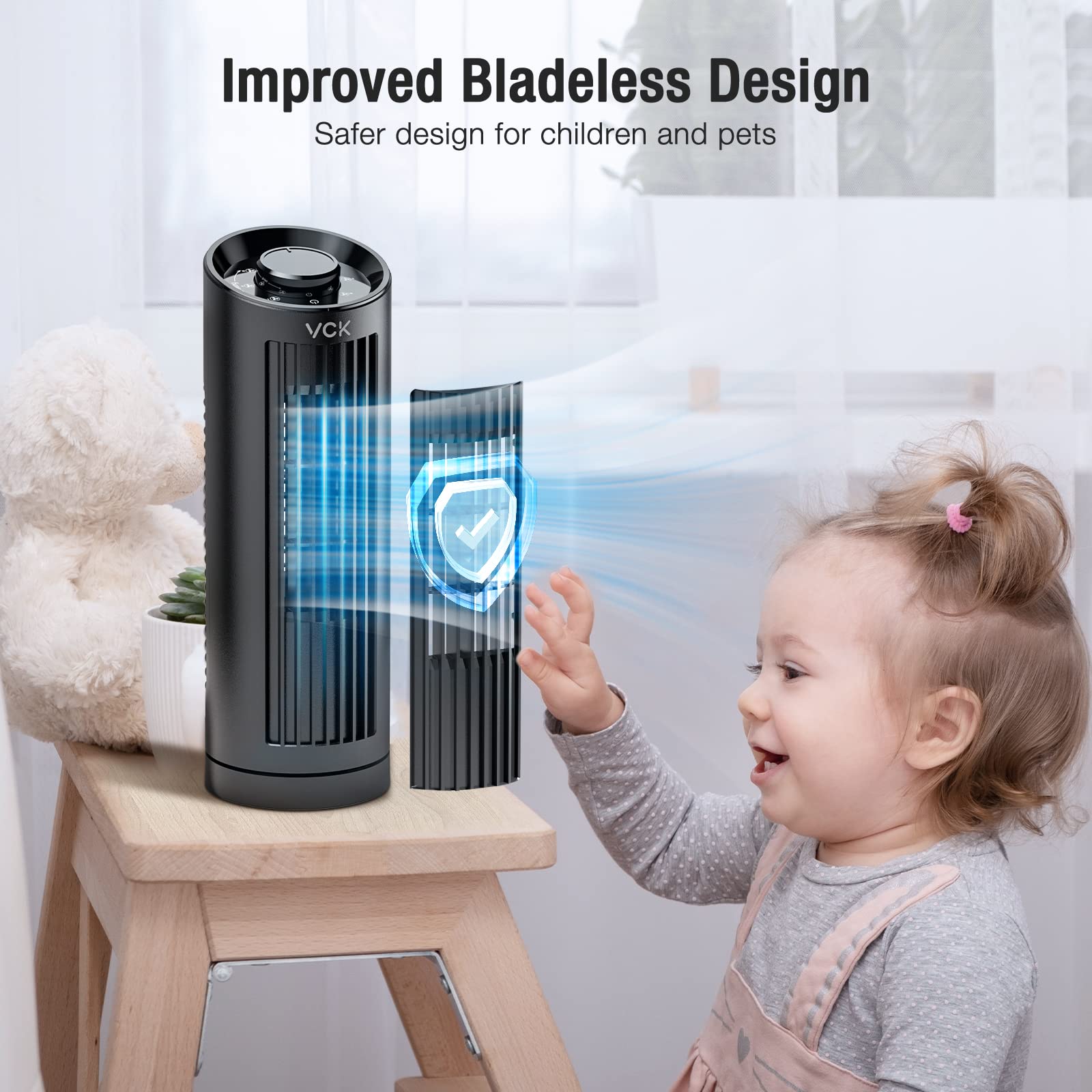 VCK 80° Oscillating Bladeless Tower Fan - 13'' Desk Fan with 3 Speed Settings, Ultra Quiet Operation, Compact & Portable Design for Bedroom, Home Office, Desktop - Perfect for Cooling, Air Circulation & White Noise in Small Spaces