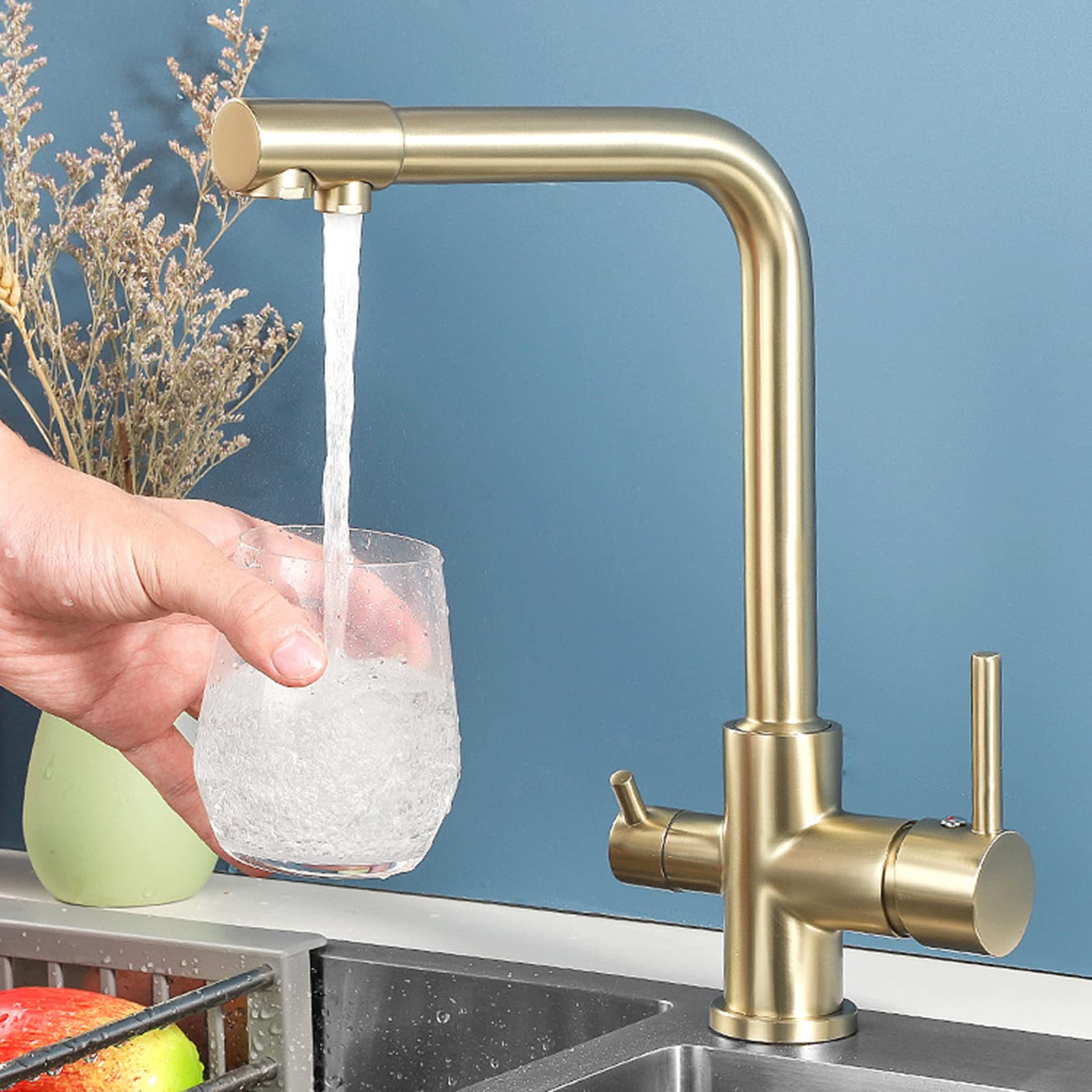 3-Way Brushed Gold Stainless Steel Kitchen Sink Faucet - Multi-Function Pull Down Sprayer for Modern Home & Commercial Use
