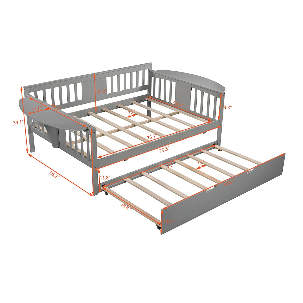 **Solid Wood Daybed with 2 Folding Tables & Trundle - Full-Size Bed Frame for Kids, Teens & Guest Rooms - Multi-Functional Convertible Sofa Bed - No Box Spring Needed - Perfect for Small Spaces, Sleepovers & Home Offices**