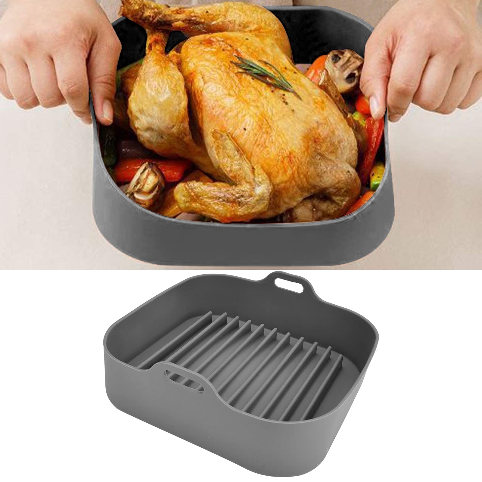 Silicone Air Fryer Basket Replacement - 10 Inch Non-Stick Pot for Microwave, Steamer & Rice Cooker - Durable & Easy to Clean (Grey) - Perfect for Healthy Cooking, Meal Prep & Quick Reheating
