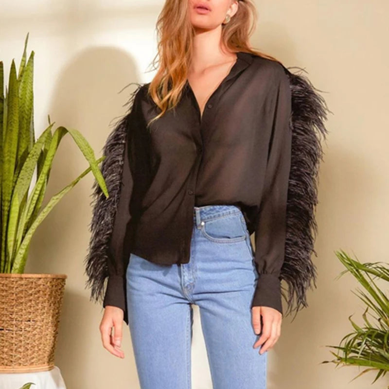 Black Patchwork Feather Shirt for Women - Elegant Lapel Long Sleeve Minimalist Blouse | Casual Office Wear & Evening Outfits