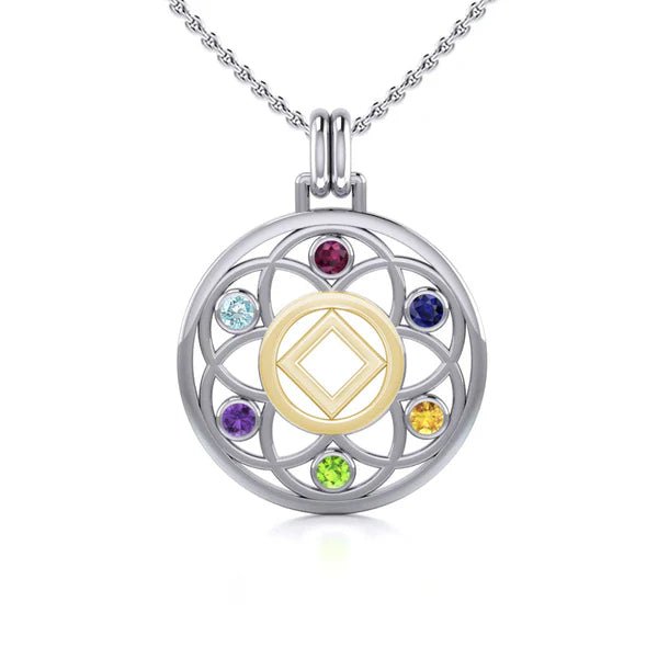 Flower of Life Sterling Silver & 14K Gold Accent Recovery Pendant with AA or NA Symbol & Genuine Gemstone - Spiritual Jewelry for Addiction Recovery & 12-Step Programs