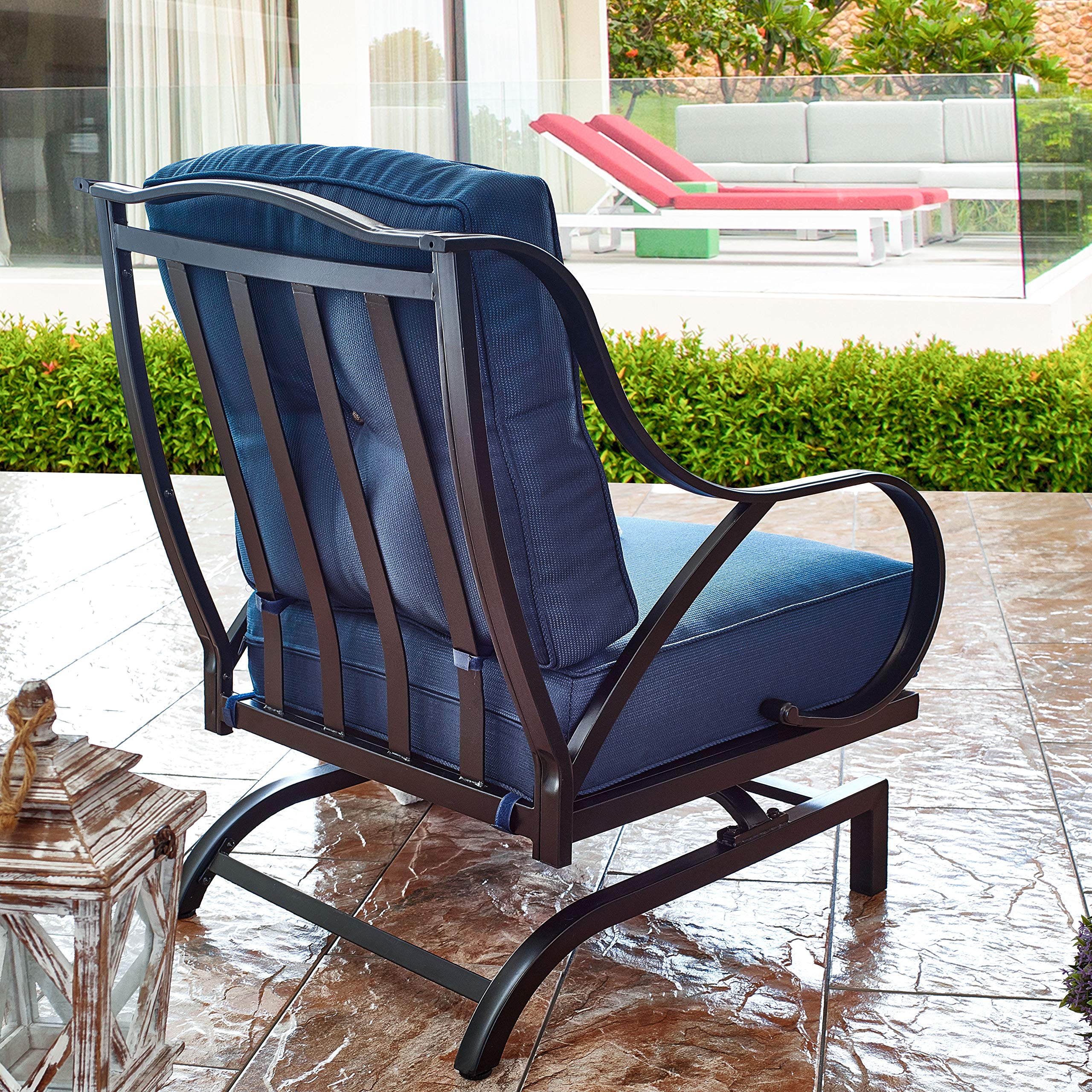 Rocking Motion Patio Chair - Outdoor Deep Seating Club Chair with Soft Cushions & Sturdy Metal Frame - Blue Garden Furniture for Yard, Lawn, Poolside Relaxation (1PC) - Perfect for Lounging, Sunbathing, and Outdoor Entertaining
