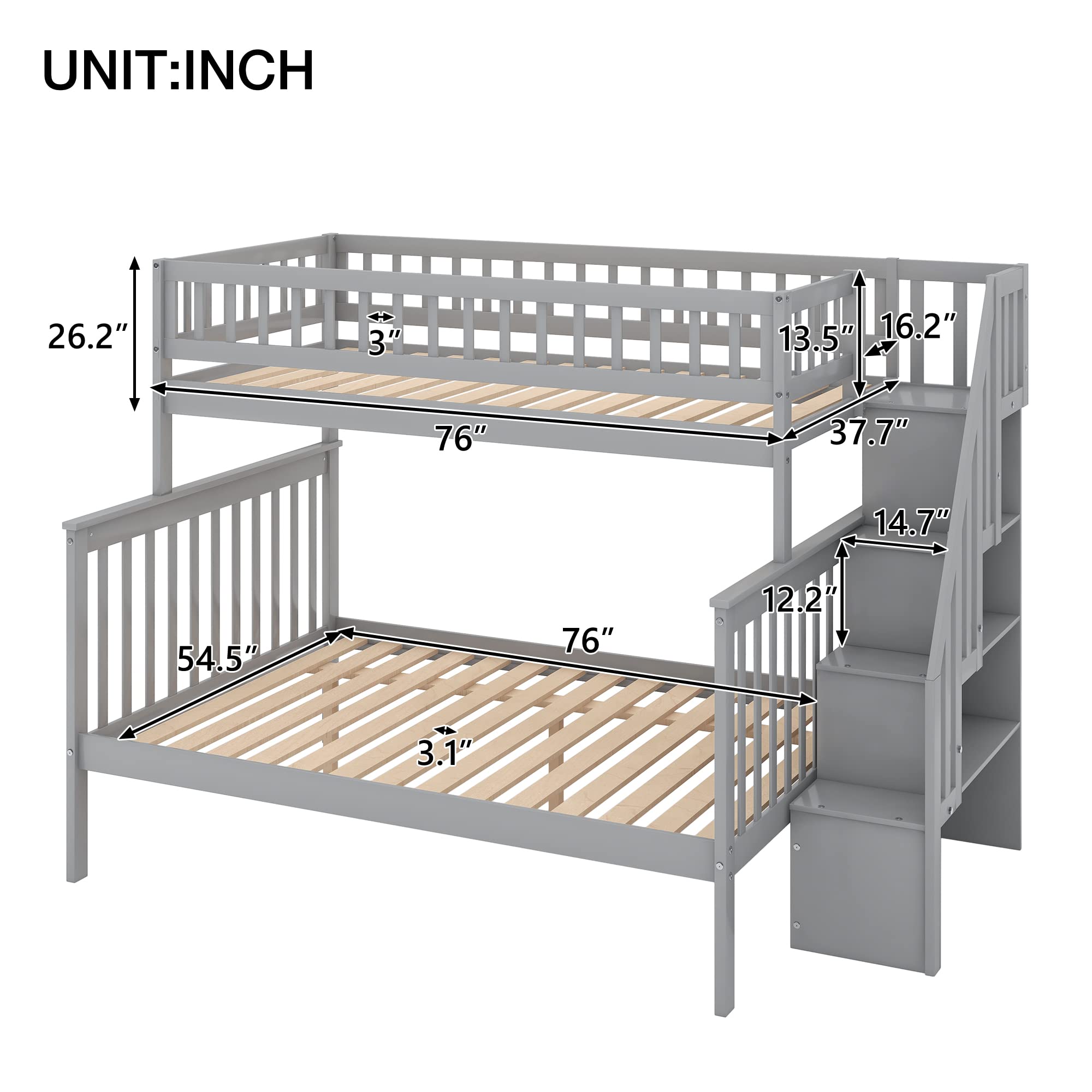 Harper & Bright Designs Twin Over Full Bunk Bed with Stairs & Storage - Convertible to 2 Separate Beds, Solid Wood Frame, Space-Saving Grey Kids Bedroom Furniture for Small Rooms & Shared Spaces