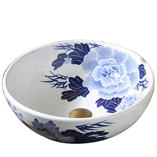 Ceramic Above Counter Bathroom Sink - Round Blue Wash Basin 15.7
