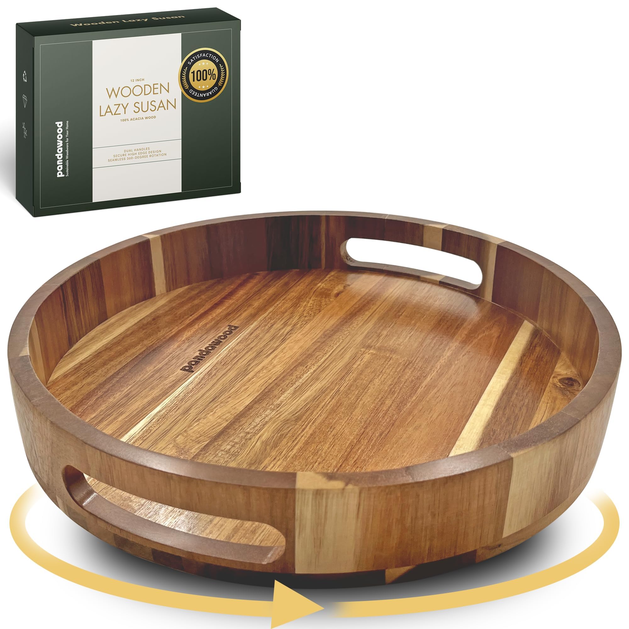 12 Inch Wooden Lazy Susan Turntable Organizer - 100% Acacia Wood Spinning Tray for Kitchen, Dining Table, Countertop & Pantry - Perfect for Spice Storage, Serving Dishes & Cabinet Organization