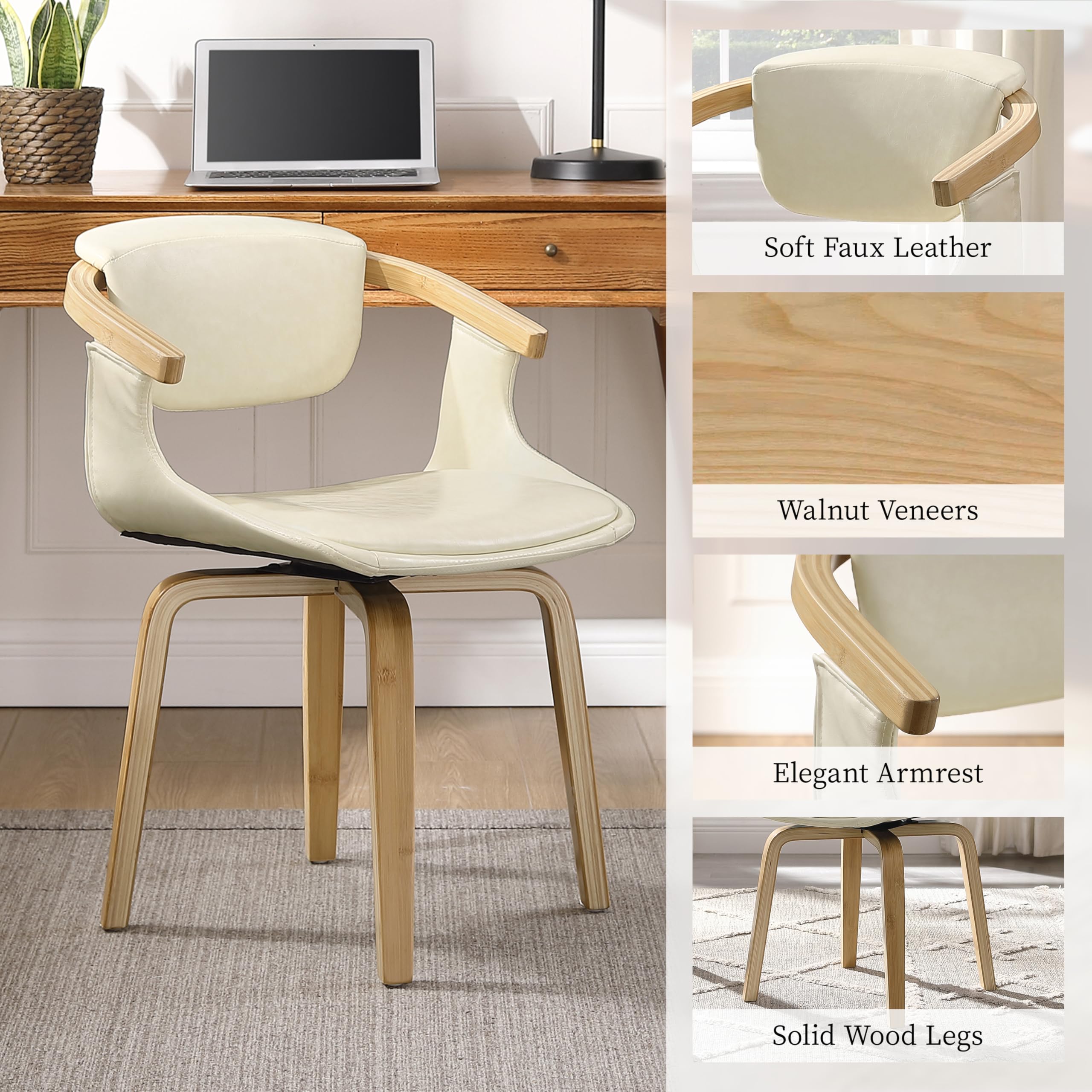Art Leon Mid Century Modern Swivel Dining Chairs Set of 2 - Faux Leather Kitchen & Dining Room Arm Chairs, Sturdy Desk Chairs Without Wheels in Off White - Perfect for Home Office, Breakfast Nook & Small Space Dining
