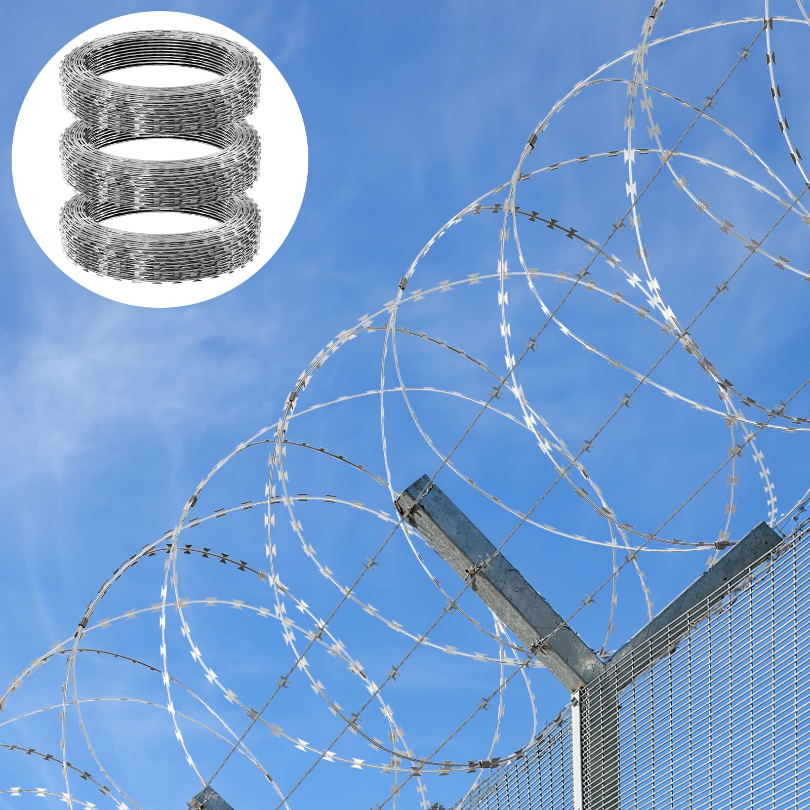 VEVOR 147 ft Galvanized Razor Barbed Wire - 3 Rolls Double Spiral Razor Ribbon Fencing for Security, Garden Protection & Perimeter Defense | Heavy Duty Galvanized Steel Wire for Home, Farm & Commercial Use