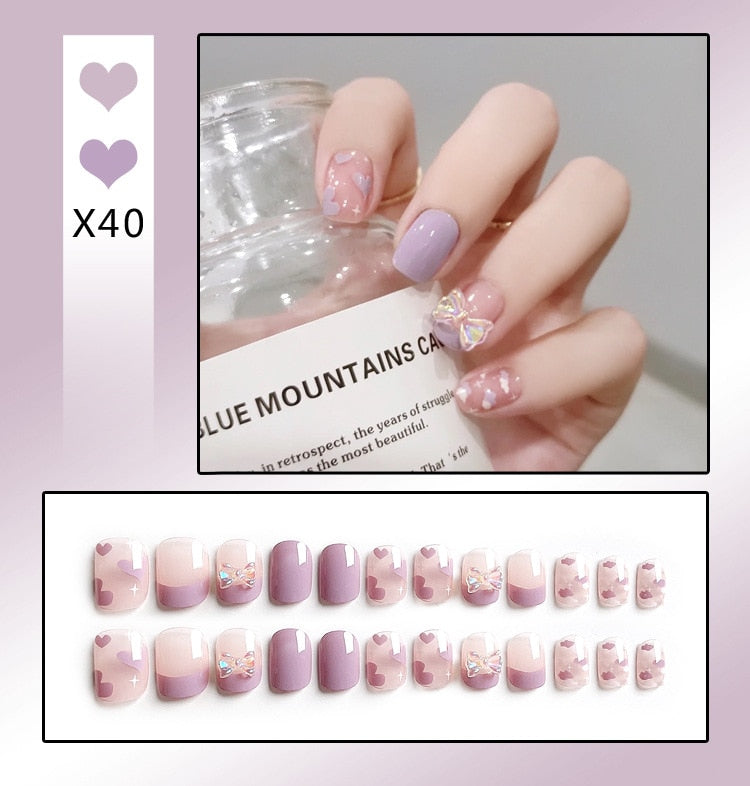 24PCS/Box Bowknot Rabbit Pearl Short Square Press-On Fake Nails - French Style Full Cover Artificial Nails for Women, Girls - Perfect for Parties, Weddings, Date Nights & Special Occasions