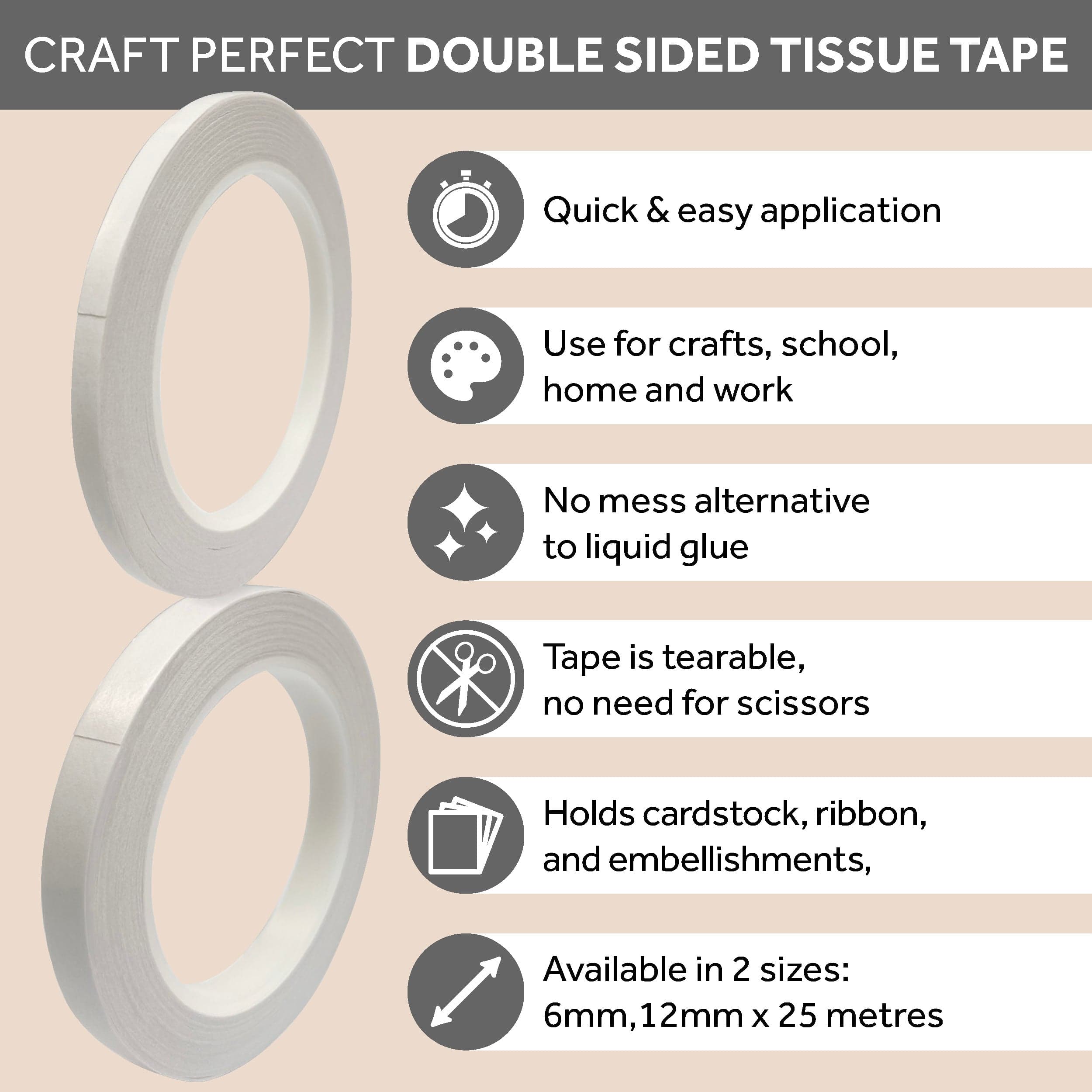 Double Sided Tissue Tape 12mm x 25m - Strong Adhesive for Crafts, Scrapbooking & DIY Projects - Perfect for Paper, Photos & Lightweight Materials