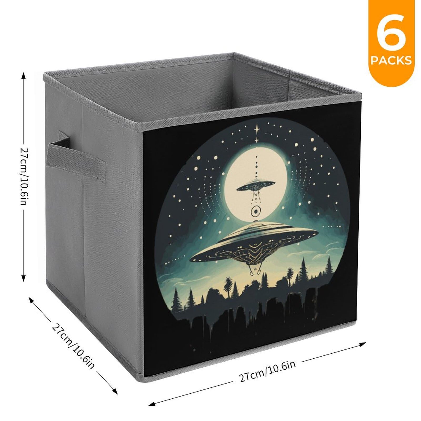 Alien Print Foldable Storage Cubes - 6 Pack Collapsible Fabric Bins with Handles for Closet, Nursery, Office & Home Organization | Space Saving Storage Baskets