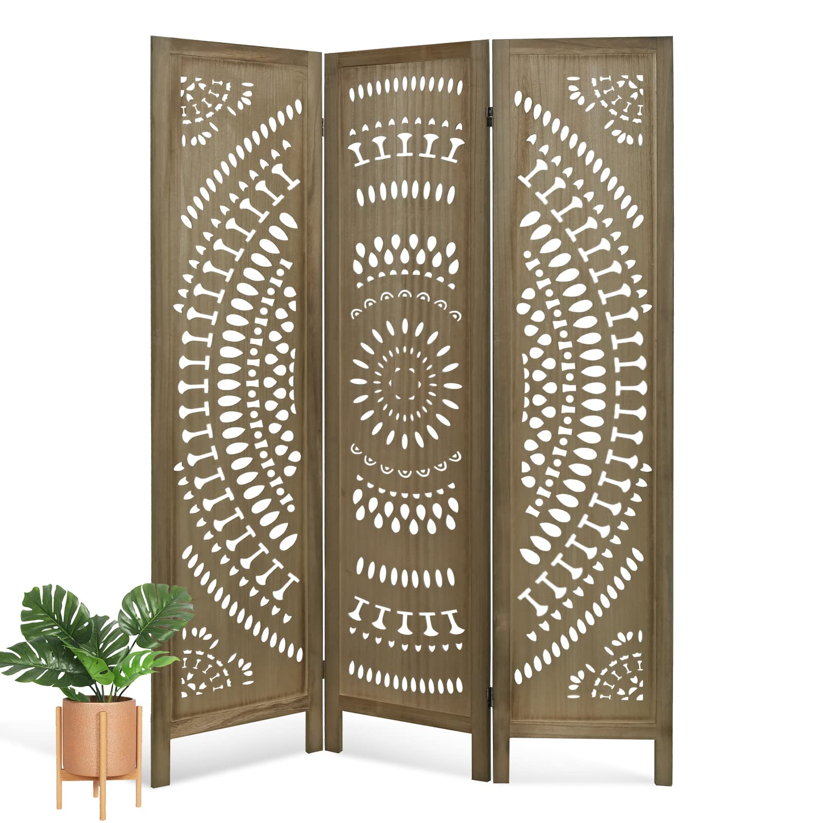 ECOMEX 5.6ft Wooden Room Divider - 3 Panel Folding Partition Screen with Hand-Carved Mesh Design | Paulownia Wood Portable Wall Divider for Bedroom, Living Room & Office | Indoor Space Separator with Hollow Structure (Brown)