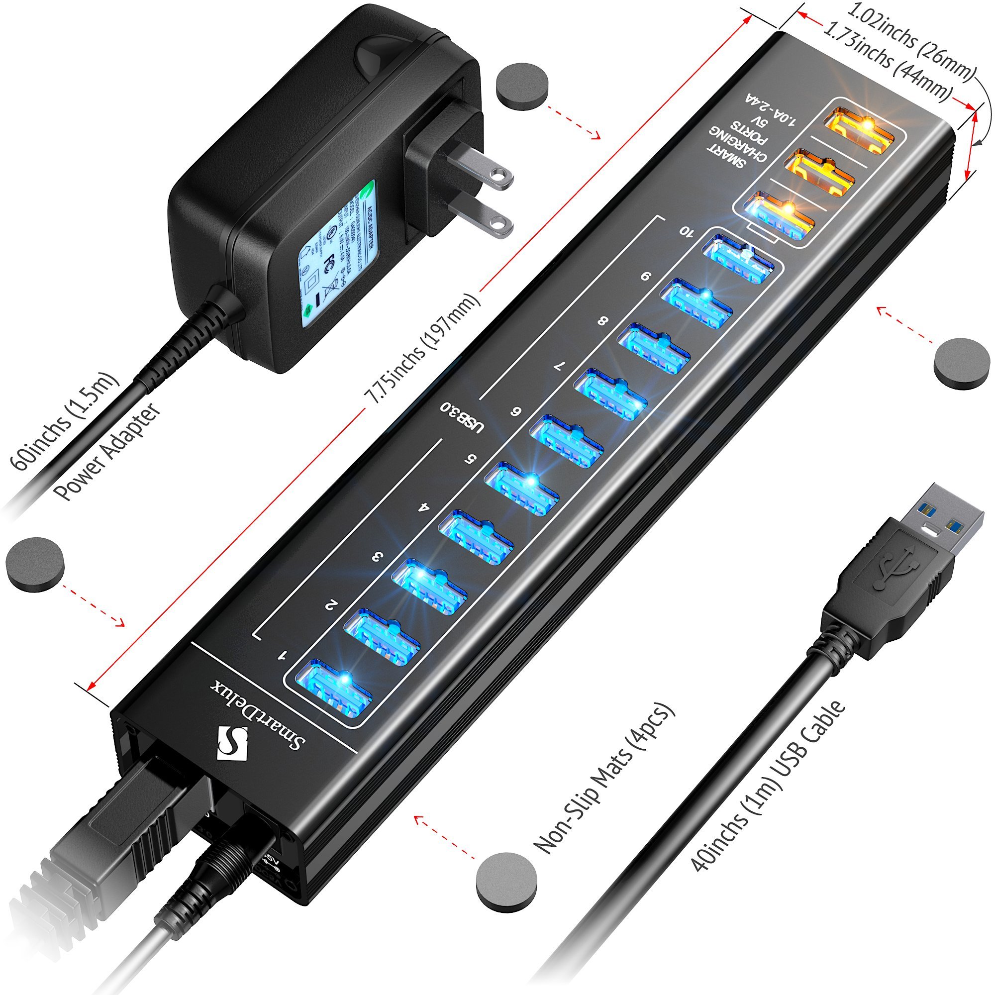 SmartDelux 13-Port USB 3.0 Hub with Power Adapter & Fast Charging for Home/Office