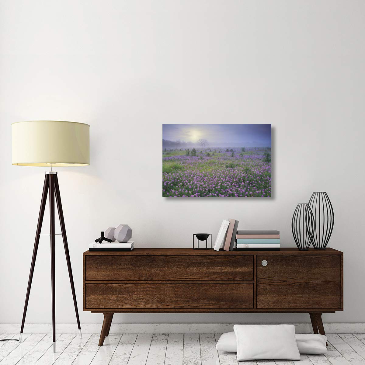 Texas Hill Country Sunrise Sand Verbena Flower Field Canvas Art Print - 36x24 Inches - Foggy Morning Landscape Wall Decor for Living Room, Bedroom & Office