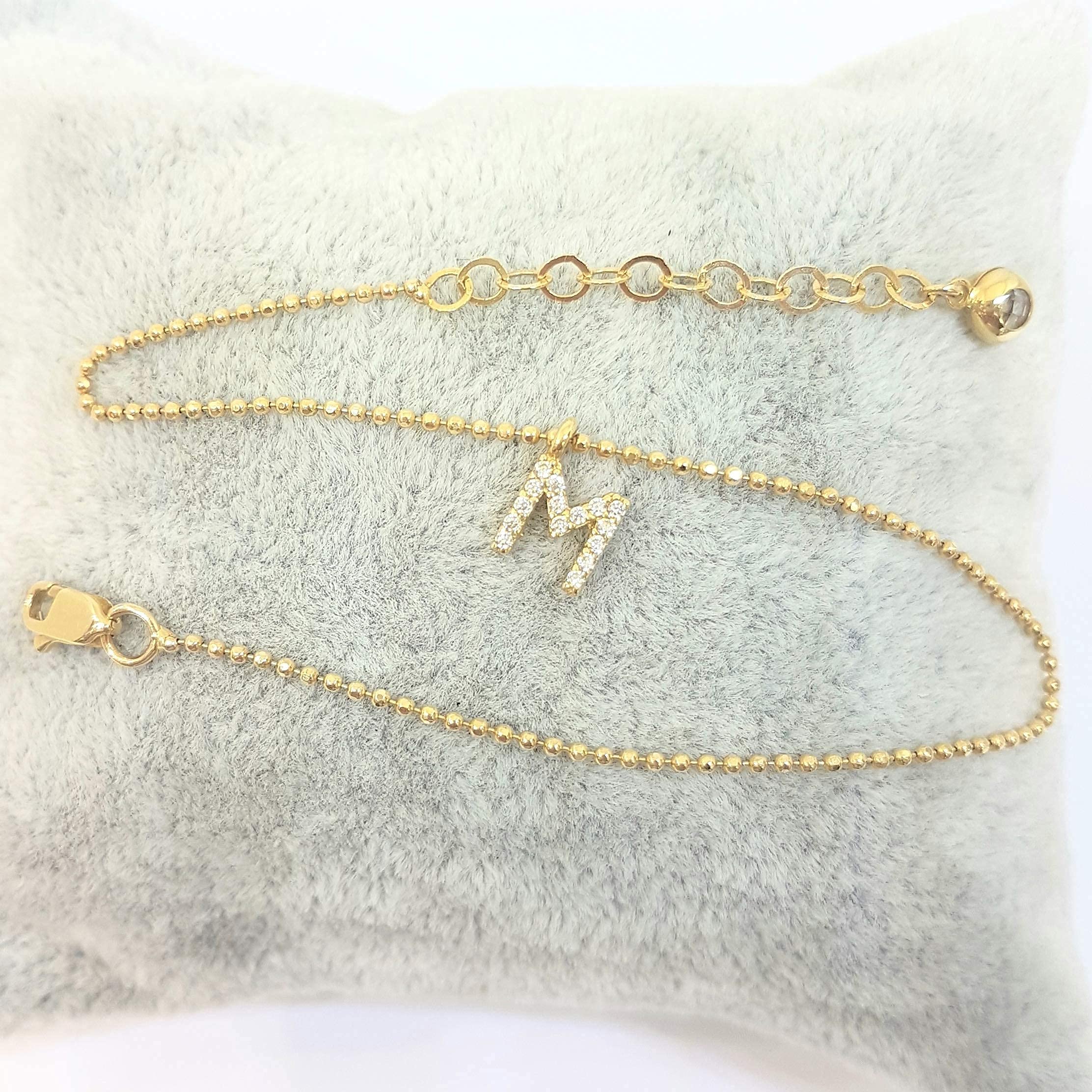 14K Real Solid Gold Initial Bracelet for Women | Custom Letter A-Z Monogram Bracelet | Cubic Zirconia Adjustable Personalized Jewelry Gift for Birthday, Anniversary, Valentine's Day