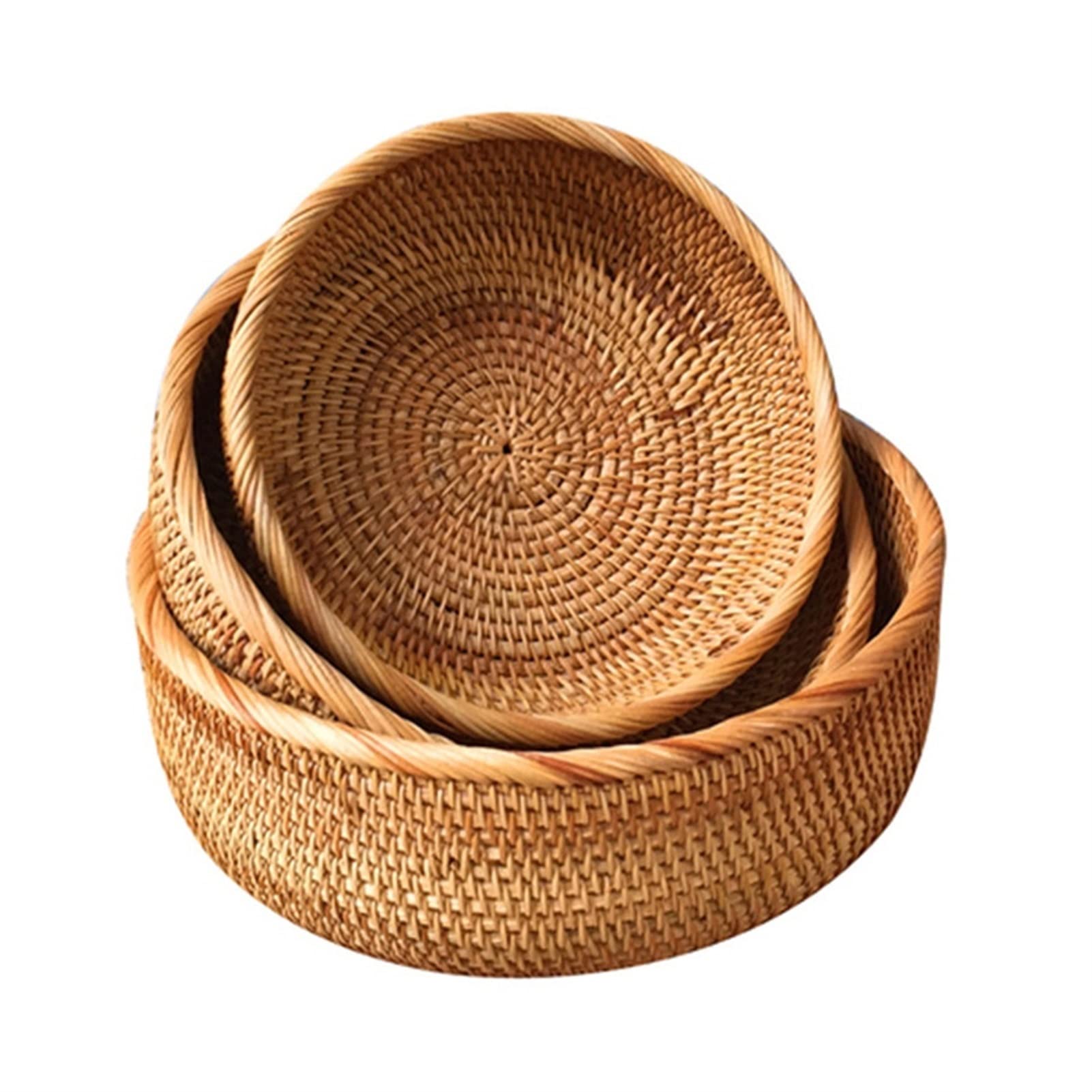 3PCS Hand-Woven Rattan Basket Set - Round Wicker Fruit Basket, Kitchen Organizer & Storage Tray for Tea, Snacks, Bread - Perfect for Picnic, Bathroom Cosmetic Storage & Home Decor (Natural Color, 3-Piece Set)