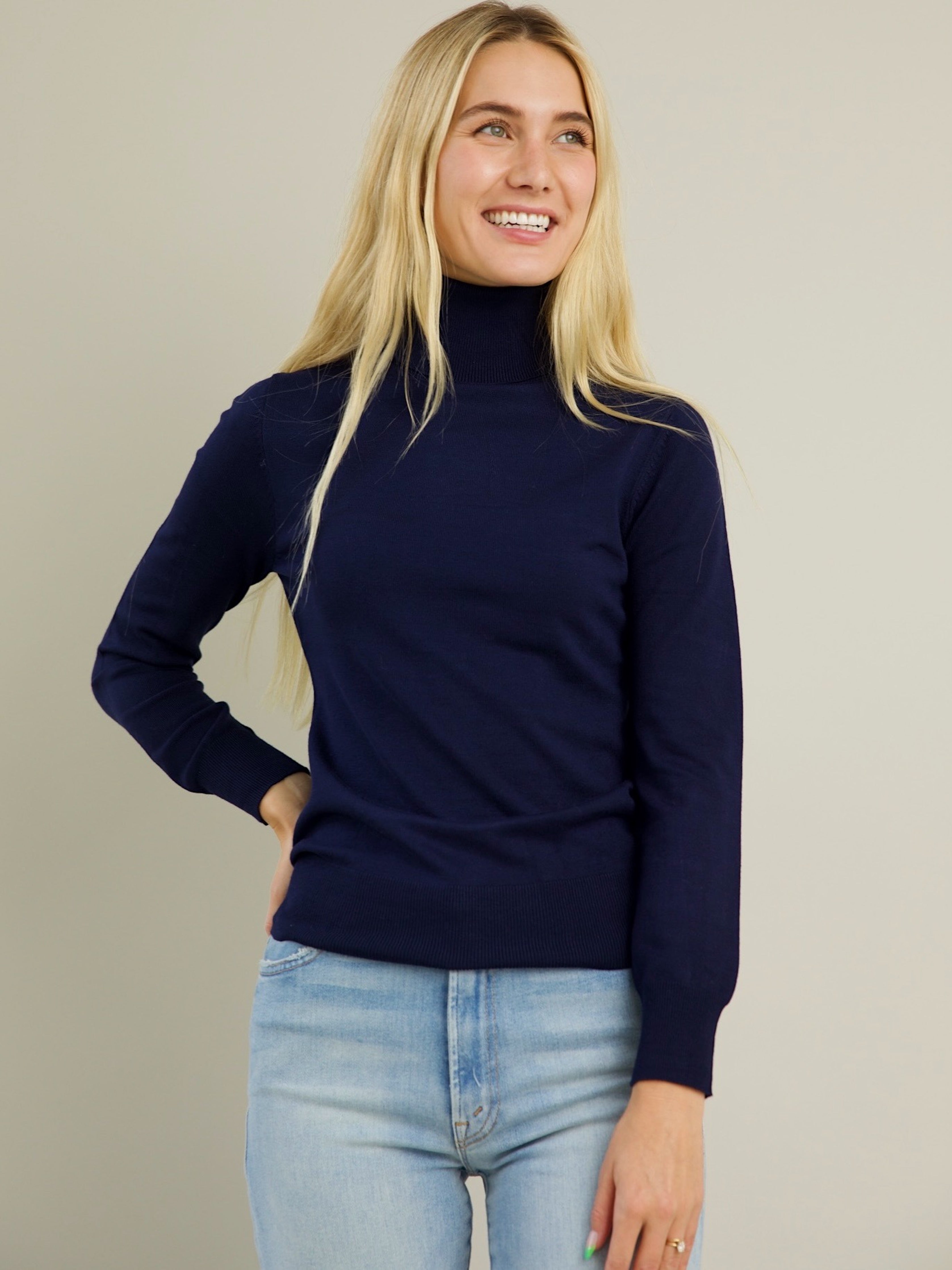 Blythe Women's Navy Blue Turtleneck Sweater - Soft & Warm Winter Pullover for Casual Outfits & Office Wear