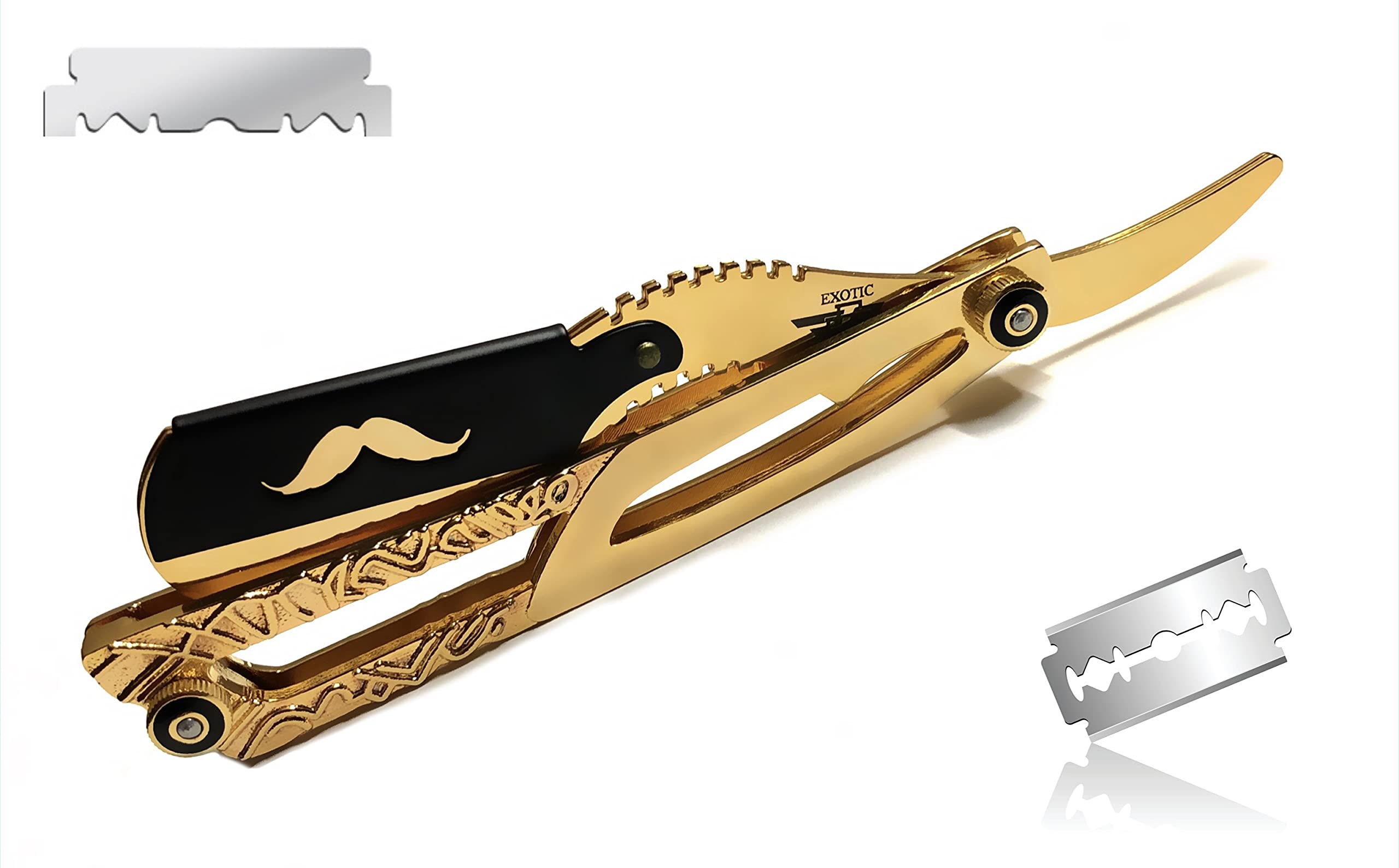 Premium Gold-Plated Barber Straight Razor - Classic Folding Shaving Razor with Black Handle & Recyclable Blades for Men's Grooming, Shaving & Beard Care | Professional Salon & Home Use