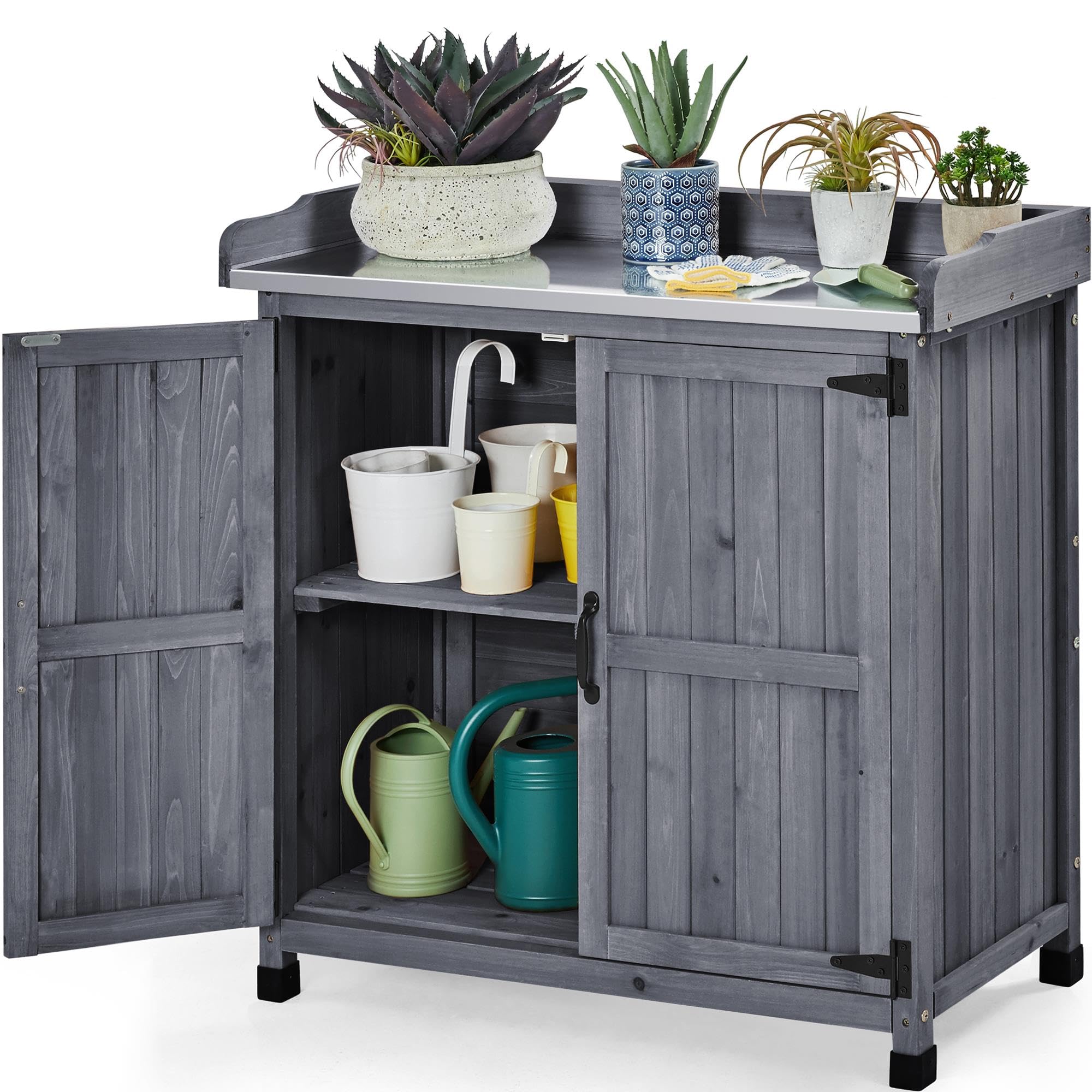 Yaheetech Outdoor Garden Potting Bench Table - Solid Wood Planting Workbench with Large Storage Space & Metal-Plated Tabletop - Gray - Perfect for Gardening, Planting, and Organizing Tools (Indoor/Outdoor Use)