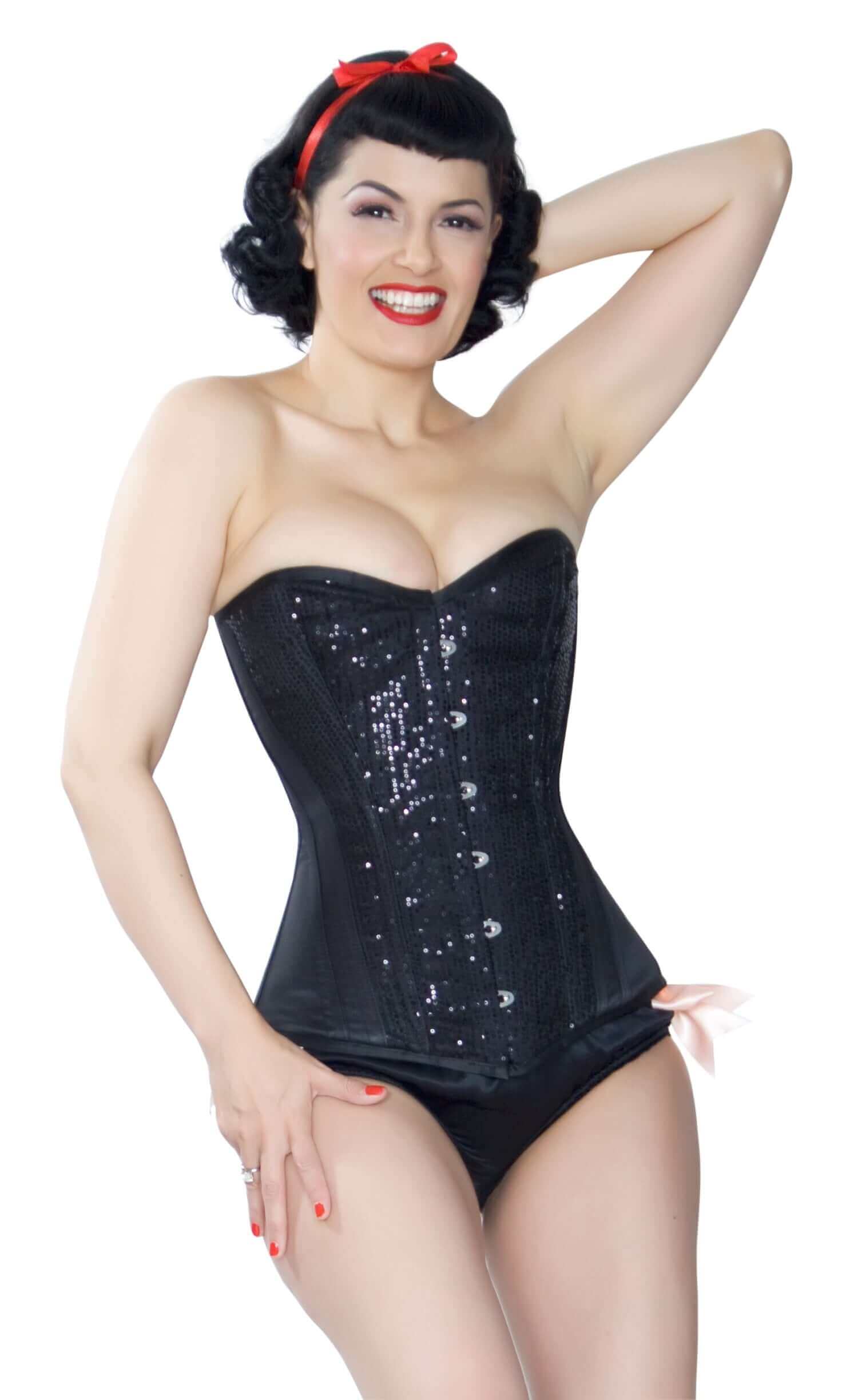 Playgirl Black Satin Steel Boned Overbust Corset with Sequins - Sexy Waist Trainer for Women, Gothic Lingerie, Burlesque Costume, Plus Size Shapewear for Evening Parties & Special Occasions