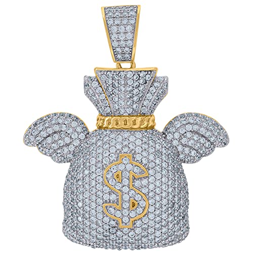 925 Sterling Silver Yellow Tone Men's CZ Cubic Zirconia Simulated Diamond Money Bag Pendant Necklace - 42.8 Inch Chain - Perfect Jewelry Gift for Men - Casino Night, Birthday & Special Occasions