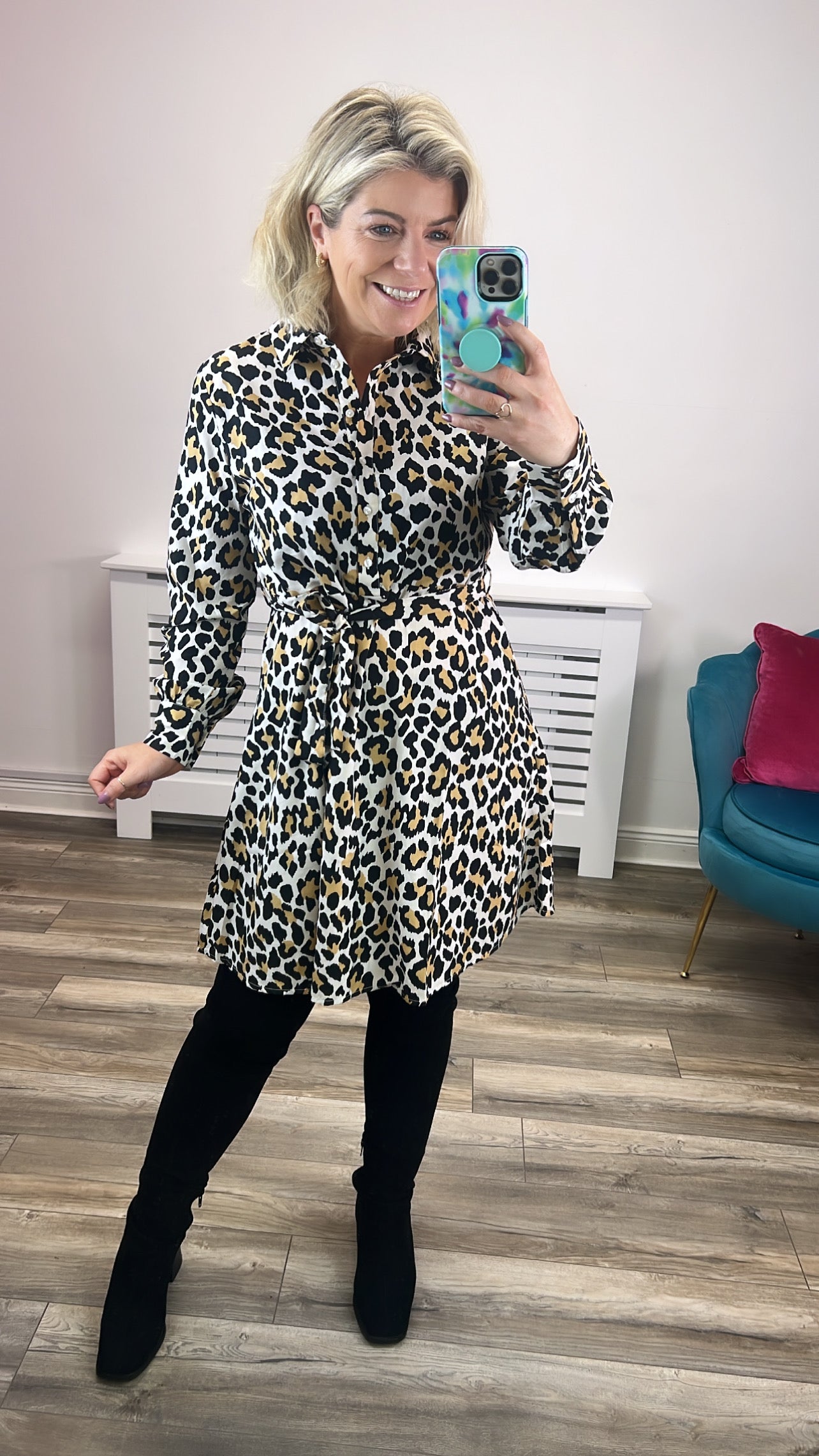 Iana Shirt Dress for Women - Flowy Leopard Print & Dawn Color Casual Long Sleeve Tunic - Perfect for Office, Date Night & Weekend Outfits
