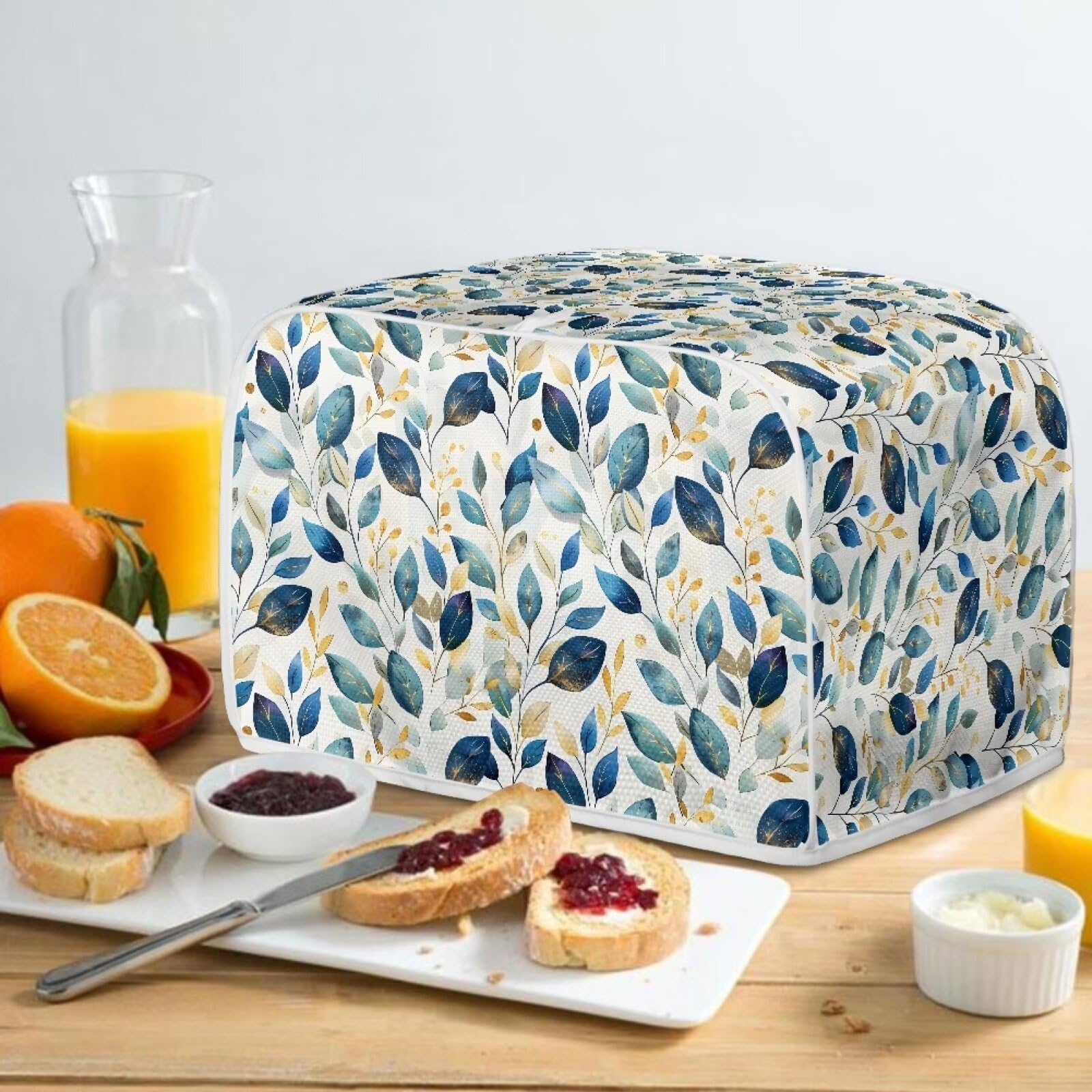 2 Slice Toaster Cover - Dustproof & Fingerprint Protection Toaster Oven Cover for Kitchen - Blue Gold Leaf Design - Perfect Gift for Mom, Wife & Friends (Use: Keep Toaster Clean While Not in Use)