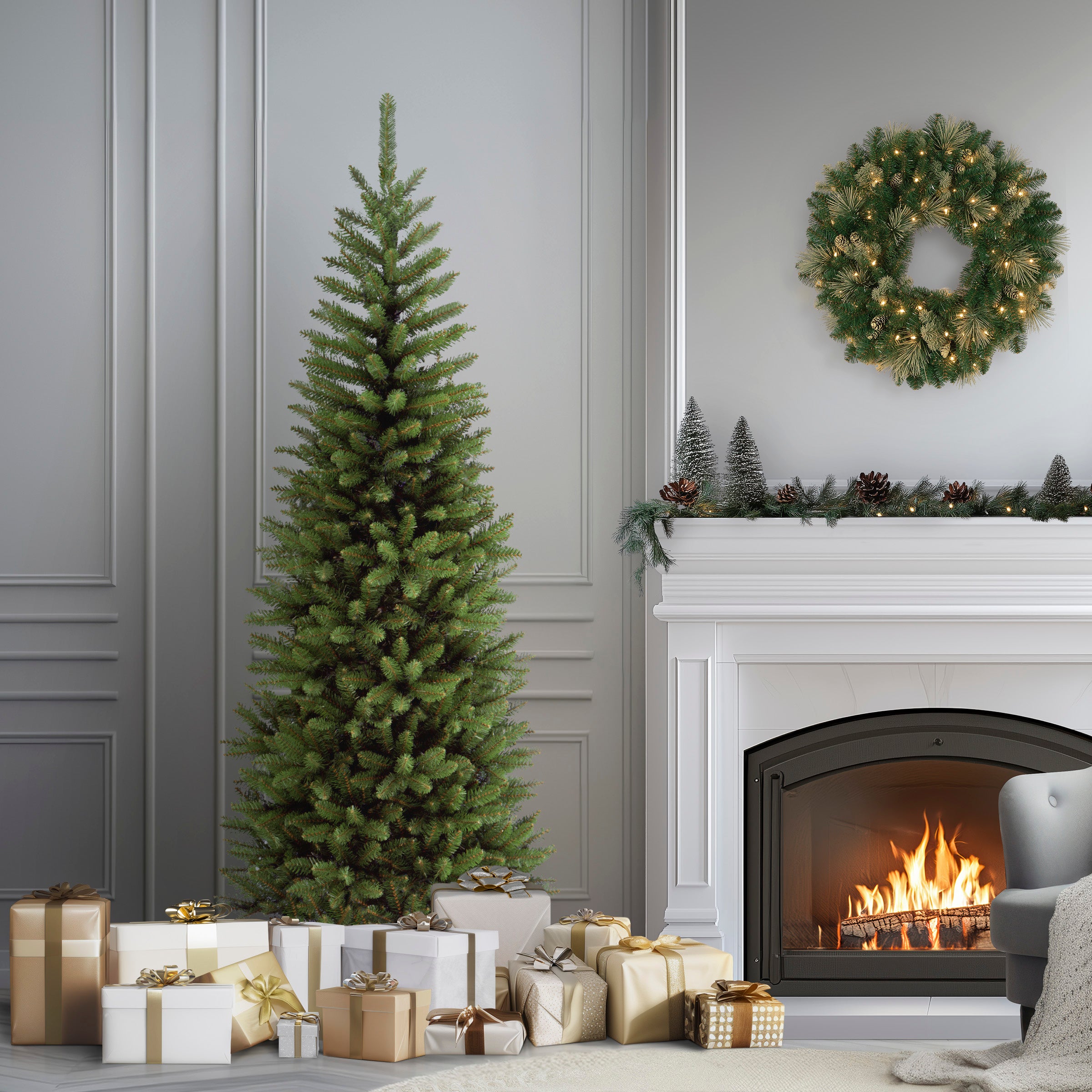 6.5 ft Kingswood Fir Slim Christmas Tree - Realistic Artificial Xmas Tree for Home, Office & Holiday Decor - Perfect for Living Room, Bedroom & Party Decorations
