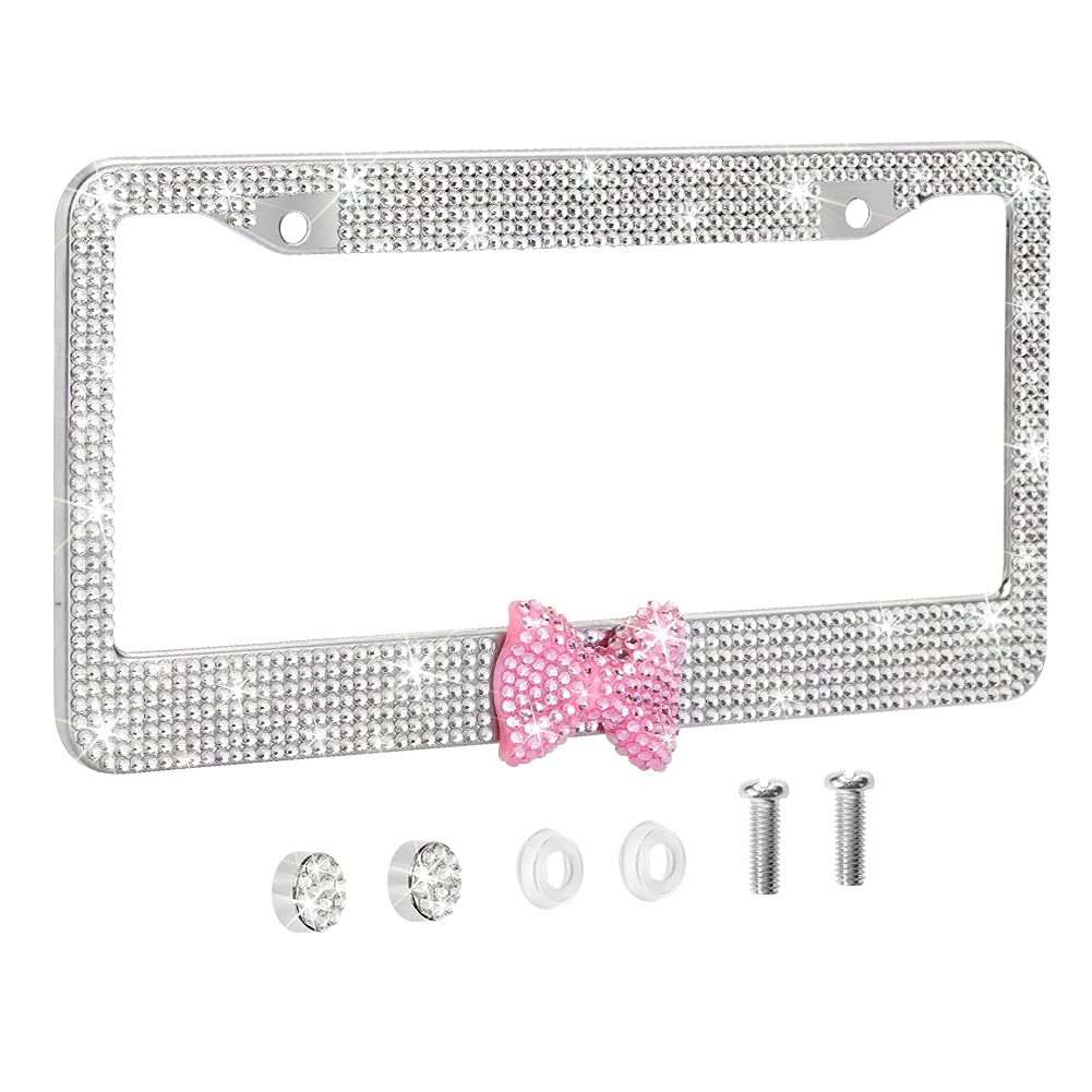 OTOSTAR Bling Rhinestone License Plate Frame with Ribbon Bow - Premium Stainless Steel 2 Hole Holder with Anti-Theft Screw Caps (White/Pink Bowtie) - Perfect for Car Decoration, Gift Giving & Customizing Your Vehicle