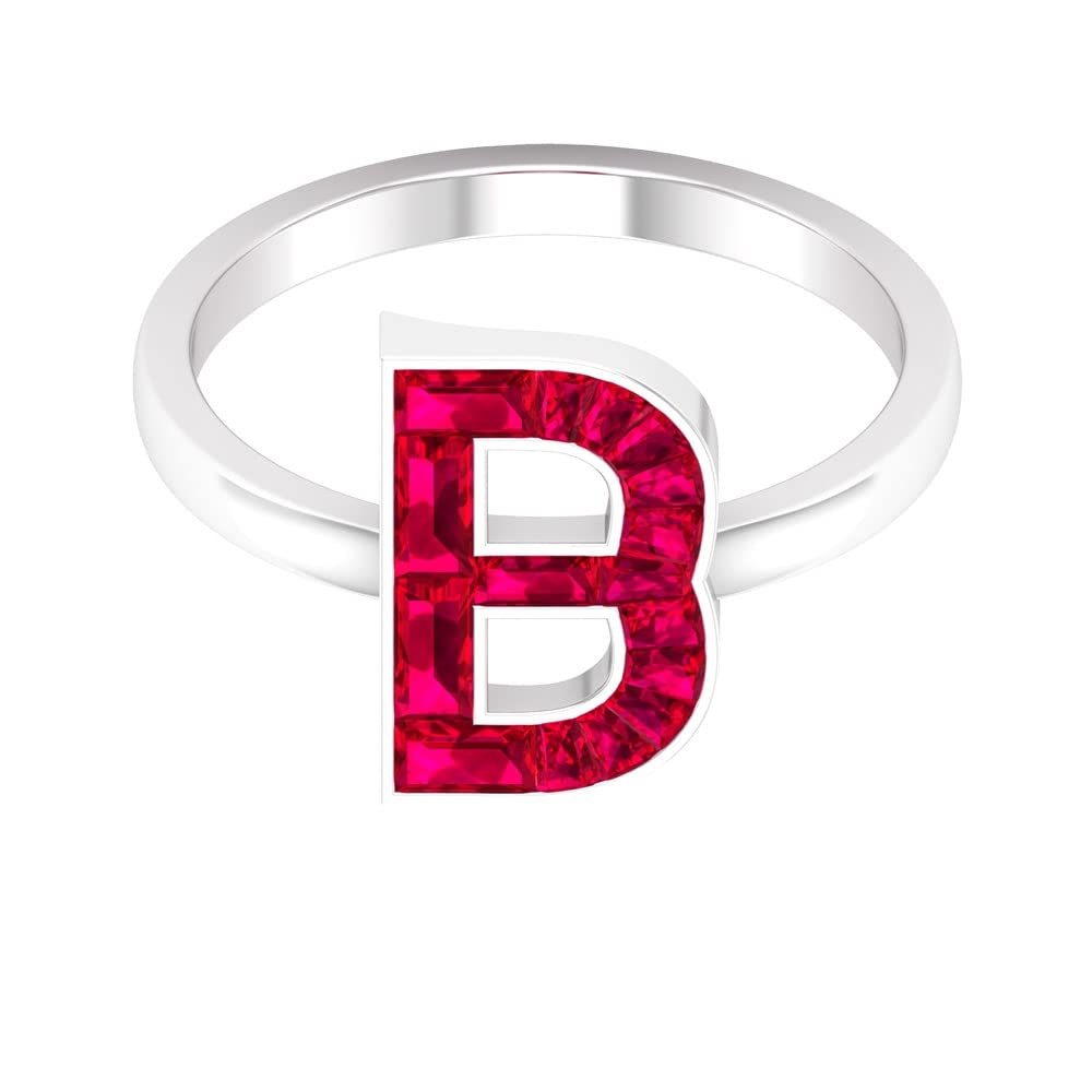 A-Z Alphabet Initial Rings - 14K White Gold Lab Created Ruby Letter Rings with Baguette & Channel Set | Personalized Name Jewelry for Women, Gift for Her, Birthday, Anniversary, Wedding, Graduation
