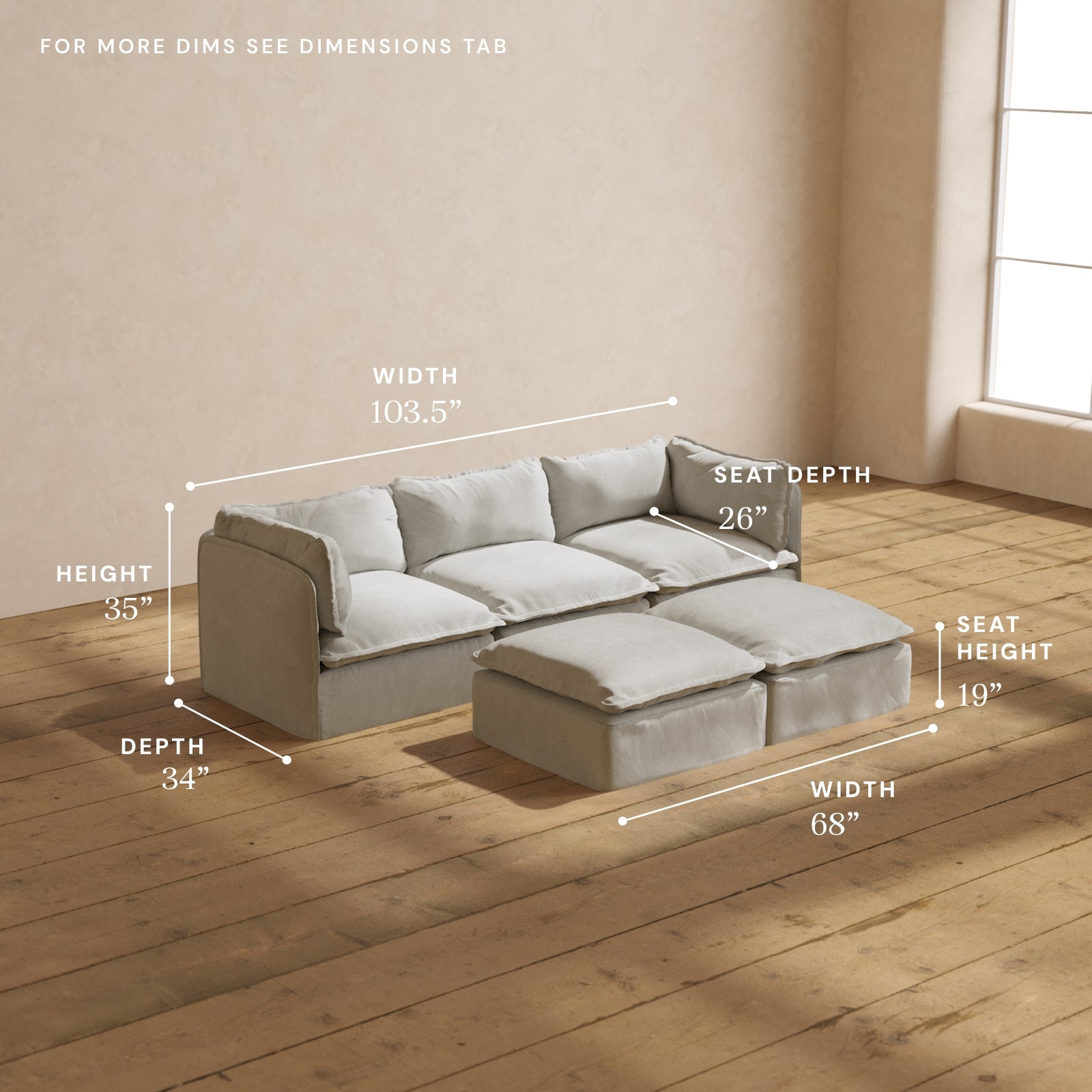 Modular Performance 3-Seater Sofa with Bench Ottoman in Cloud Color | Relaxed Blend Fabric | Perfect for Living Room, Lounge & Home Theater