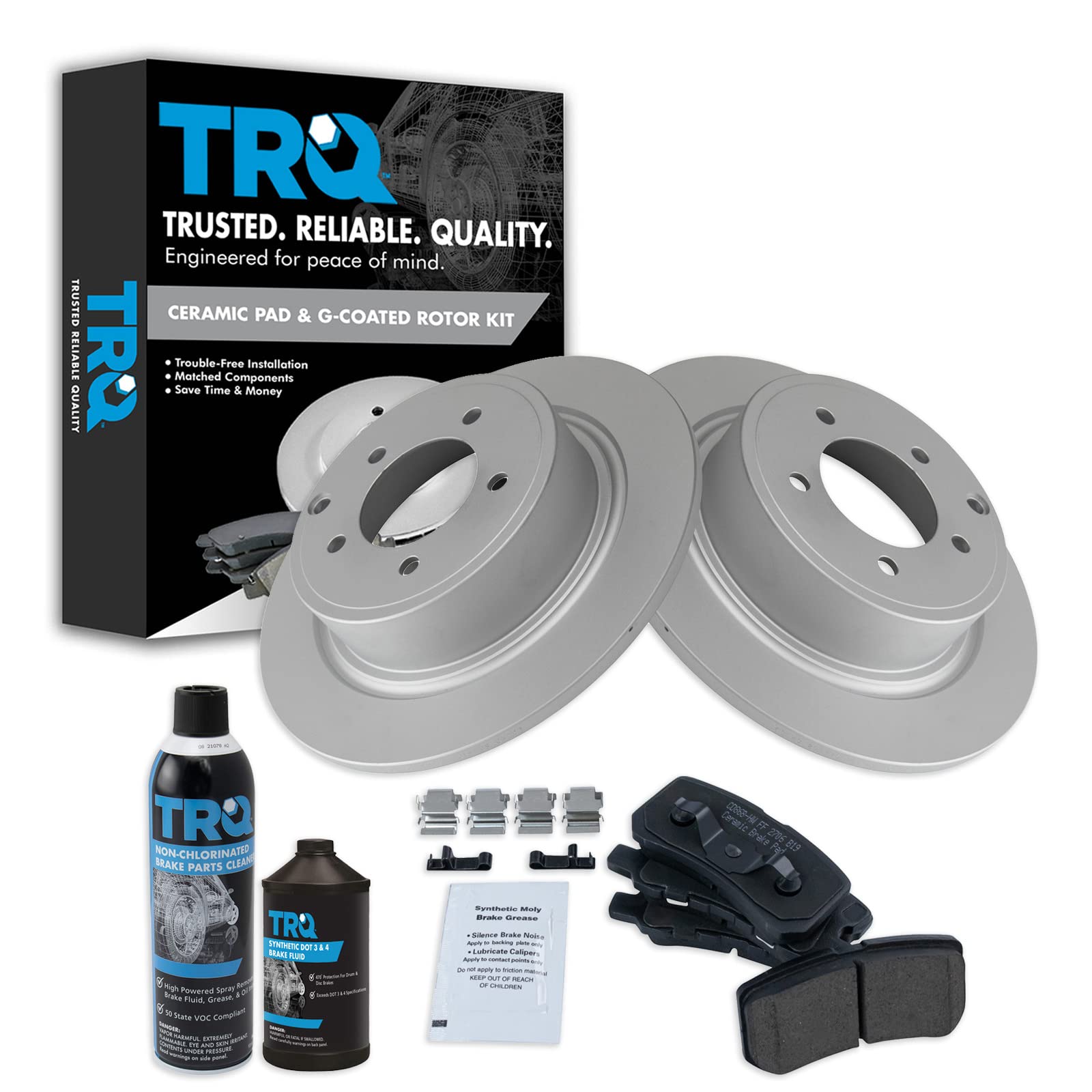 TRQ Rear Posi Ceramic Brake Pads with Coated Rotors - High Performance Brake Kit for Smooth Stopping - Perfect for Trucks, SUVs and Sedans - Ideal for Daily Commuting and Heavy Duty Driving