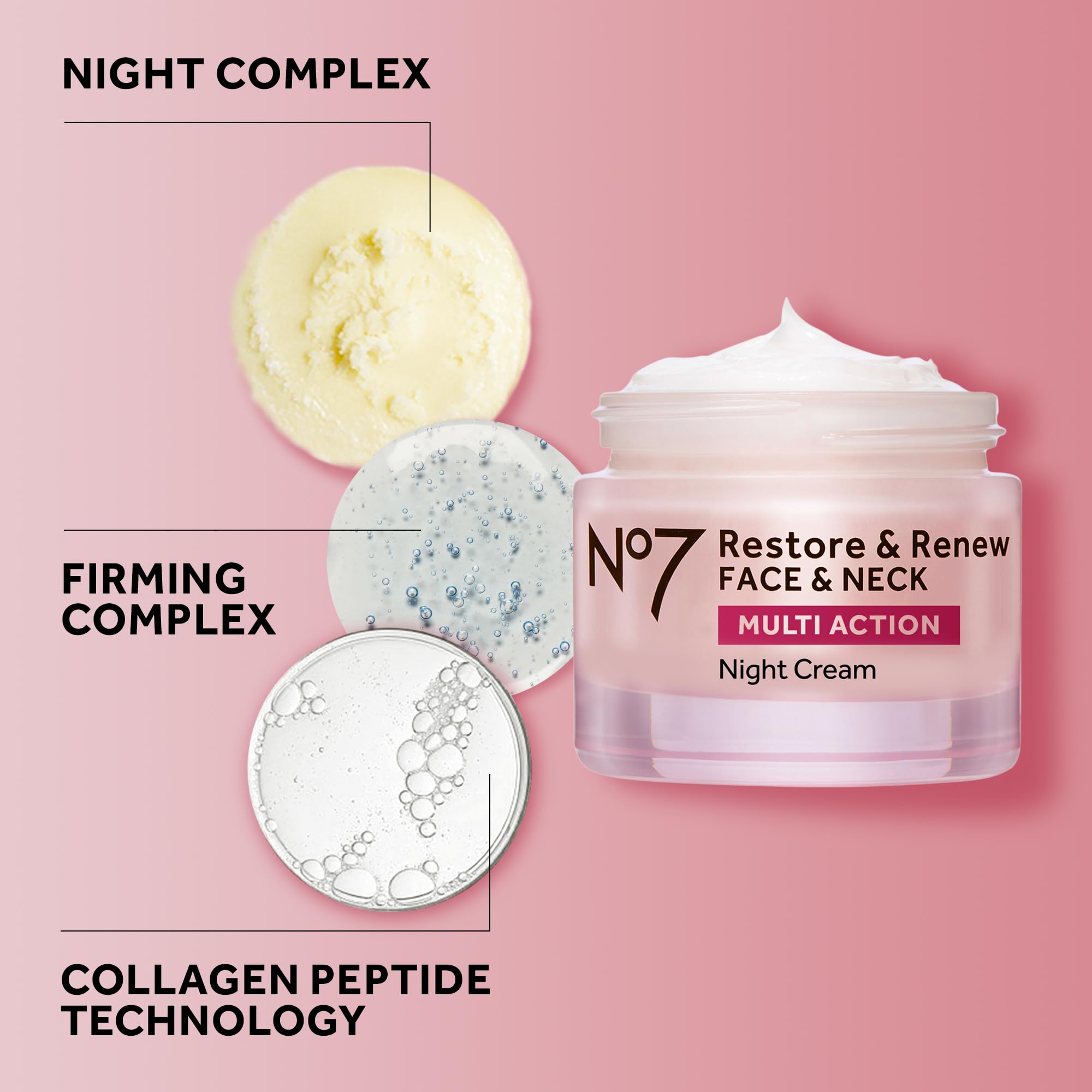 No7 Restore & Renew Multi Action Face & Neck Cream - Nighttime Collagen Peptide Moisturizer for Anti-Aging, Hydration & Skin Firming with Hyaluronic Acid, Shea Butter & Vitamin E (50ml) - Perfect for Nighttime Skincare Routine & Mature Skin Care Regimen