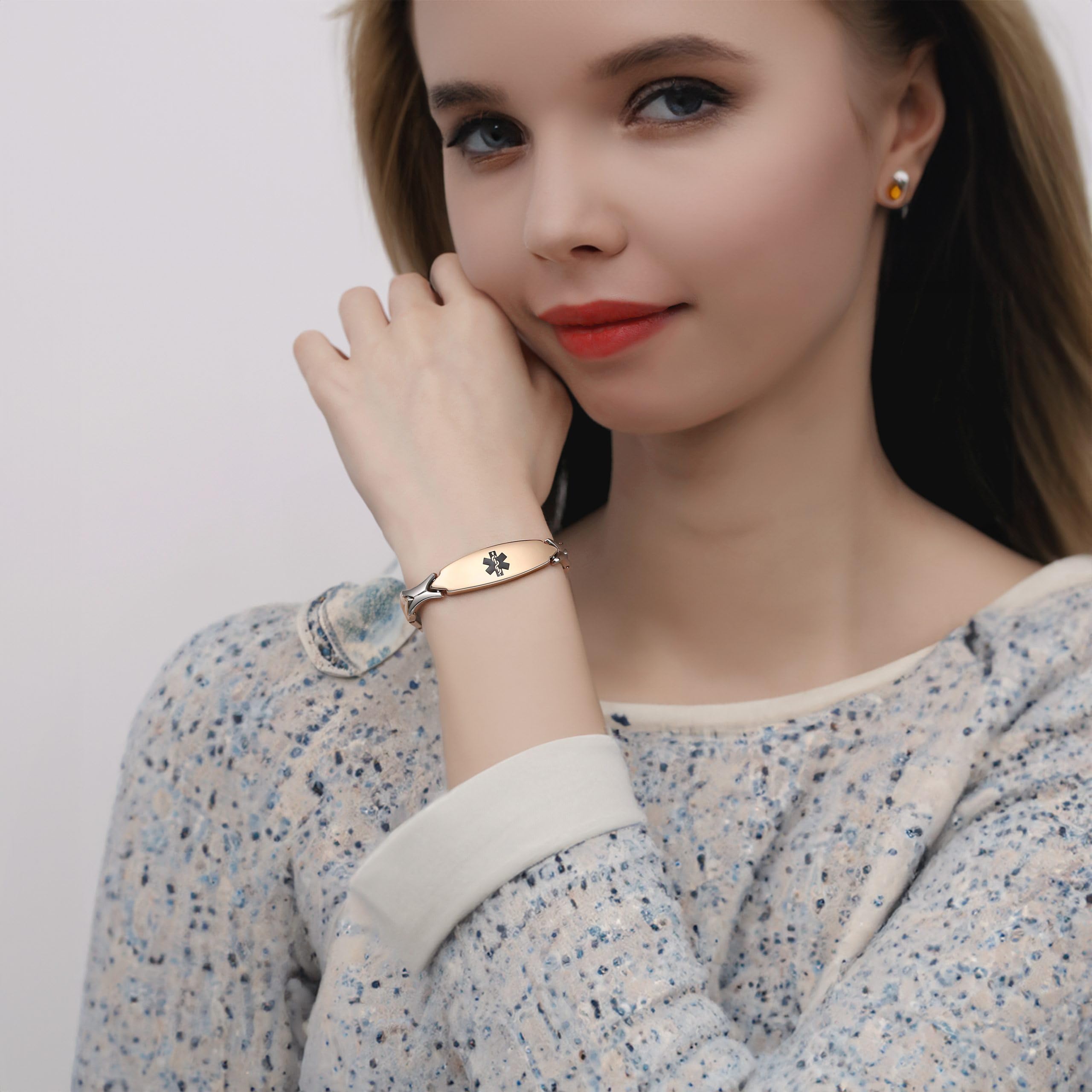 LinnaLove Fashion Shiny Stainless Steel Medical ID Bracelet for Women - Free Engraving, Hypoallergenic & Waterproof - Perfect for Emergency Medical Alert, Daily Wear & Gift Giving