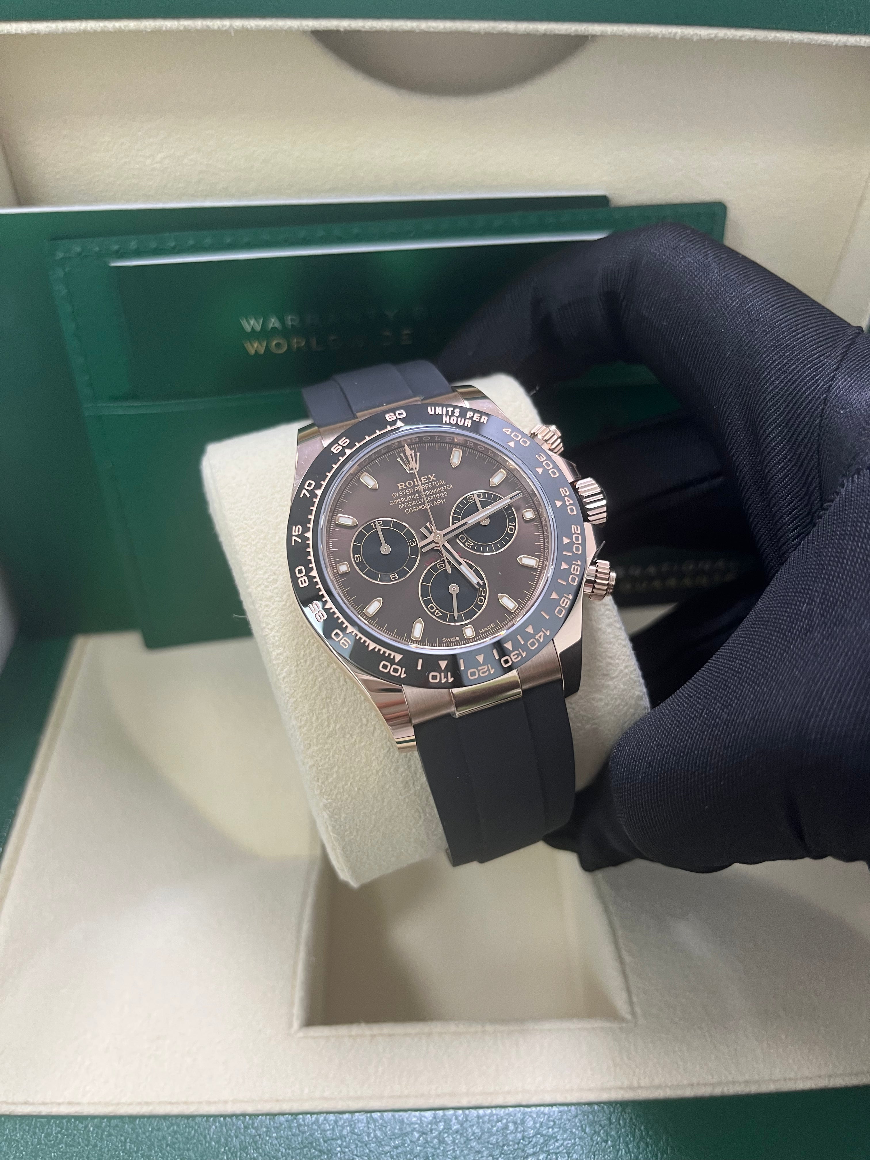 Rolex Daytona Everose Gold Cosmograph 40mm Watch - Chocolate Index Dial & Black Oysterflex Strap (Ref# 116515LN) | Luxury Chronograph for Men, Perfect for Business Events & Special Occasions