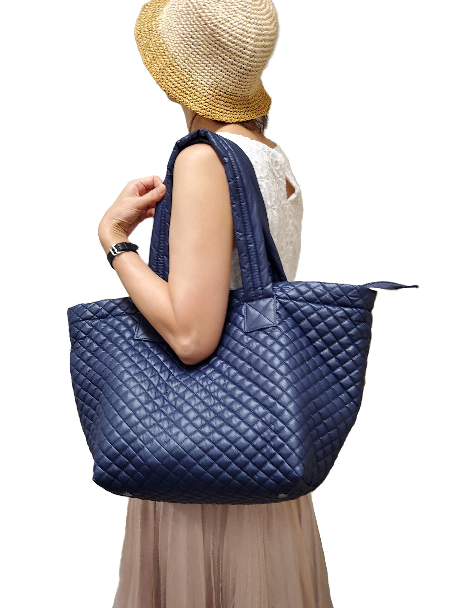 Stylish Navy Quilted Tote Bag with Love Heart Embroidery - Lightweight, Water Repellent & Includes Pouch - Perfect for Work, Travel & Everyday Use
