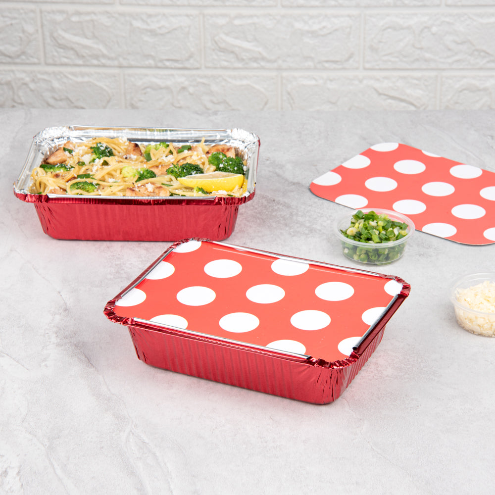 16 oz Rectangle Red Aluminum Take Out Food Containers with Polka Dot Paper Lids (7.25