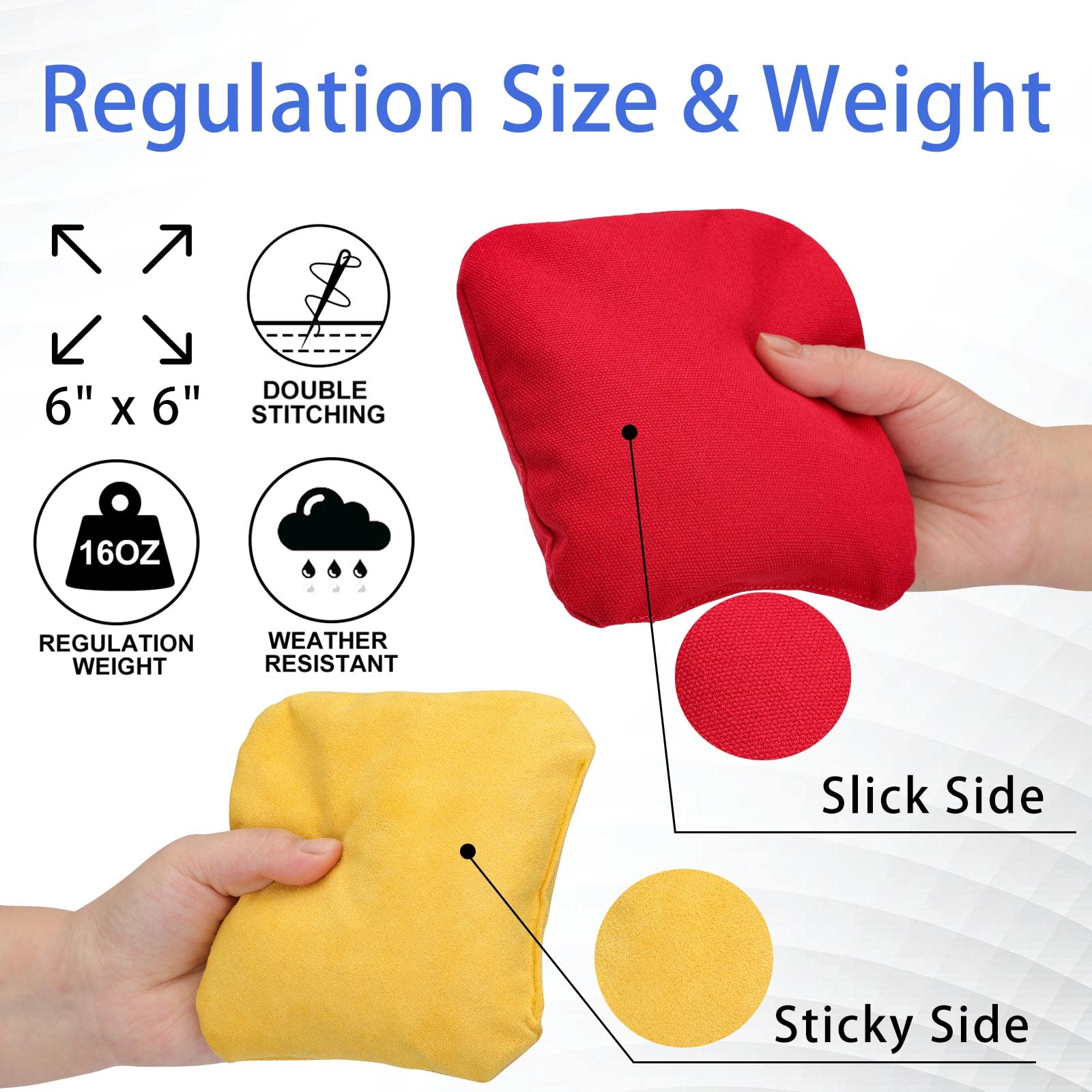 EunHo Professional Regulation Cornhole Bags Set of 8 - Dual Sided Slick & Stick Bean Bags for Outdoor Tossing Games - All Weather Durable for Backyard, Tailgating, and Picnic Parties