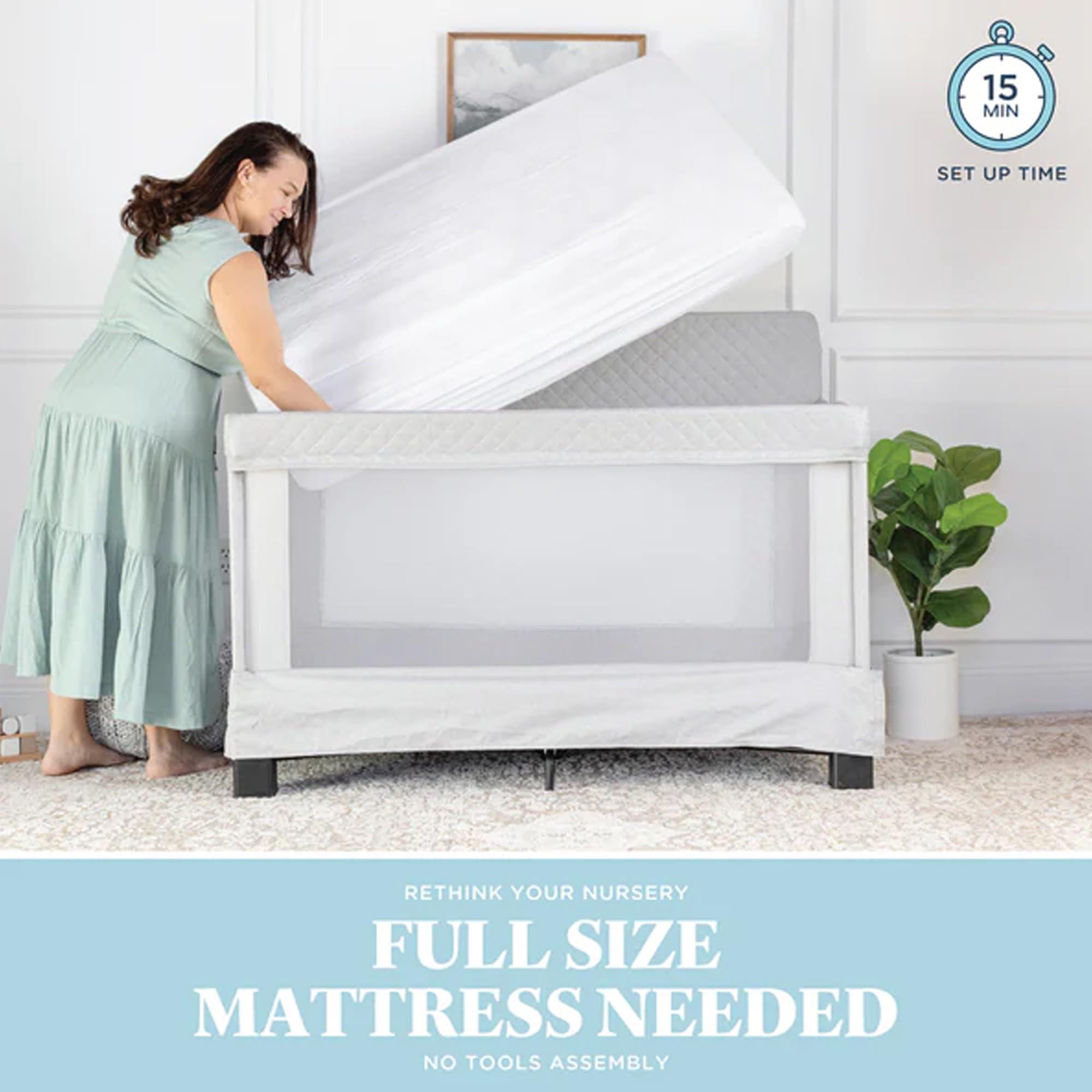 Baby Delight Horizon Full Size Crib with Breathable Mesh Walls - Tool-Free Assembly, Luxe Quilted Easy-Clean Fabric in Grey | Safe Nursery Bed for Newborns & Toddlers | Perfect for Daycare, Home Nursery & Travel