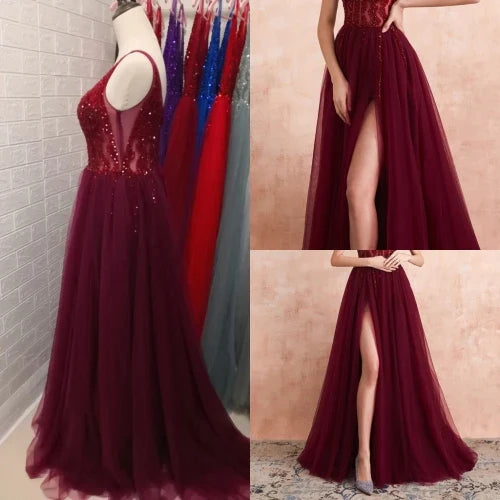 Elegant Light Gray Beaded Prom Dress with V-Neck, High Slit & Sweep Train - Sleeveless Backless A-Line Evening Gown for Homecoming, Formal Dances & Special Occasions