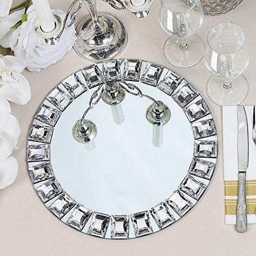 2-Pack Silver Mirror Glass Charger Plates with Diamond Beaded Rim - Elegant Dinnerware Underplates for Wedding, Party & Formal Dining Decor (12