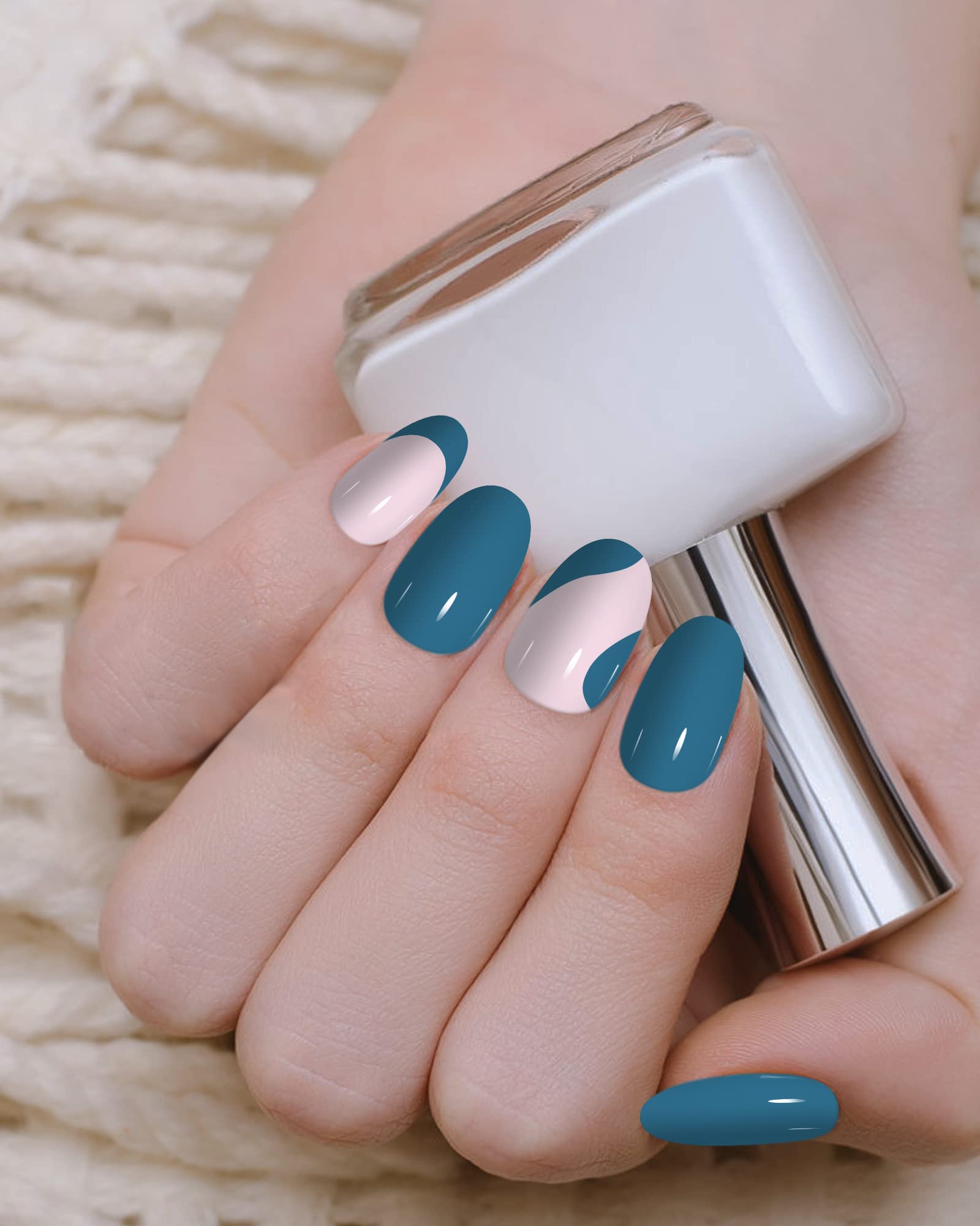 JUSTOTRY 24 Pcs Short Press on Nails - Glossy Almond Fake Nails with Elegant French Steelblue Design, Full Cover Acrylic False Nails Kit with Nail Glue for Women | Perfect for Parties, Weddings, and Everyday Nail Art