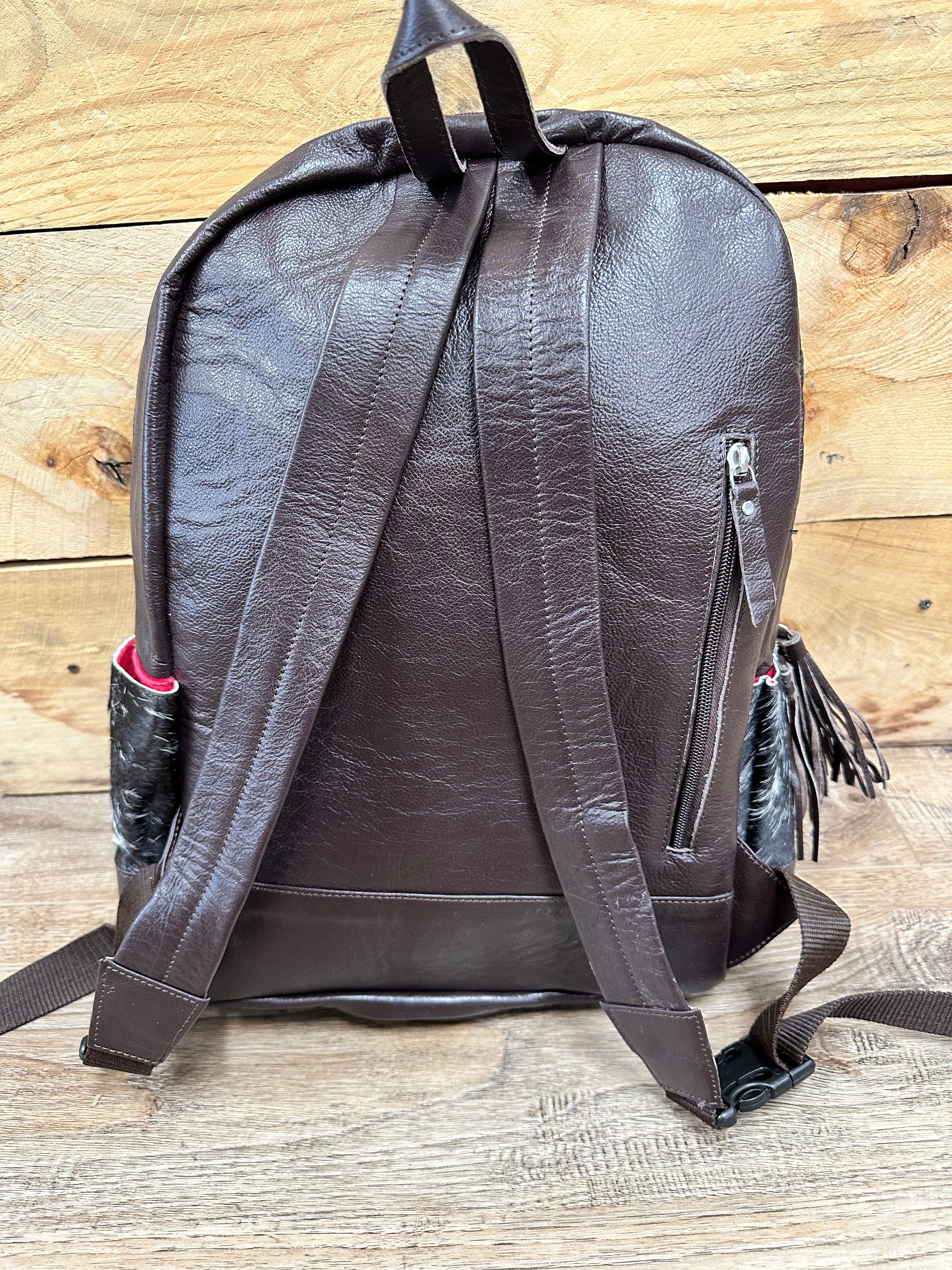 Premium Genuine Cowhide Leather Backpack with Hand-Tooled Pocket - Durable & Stylish for Travel, Work & Outdoor Adventures