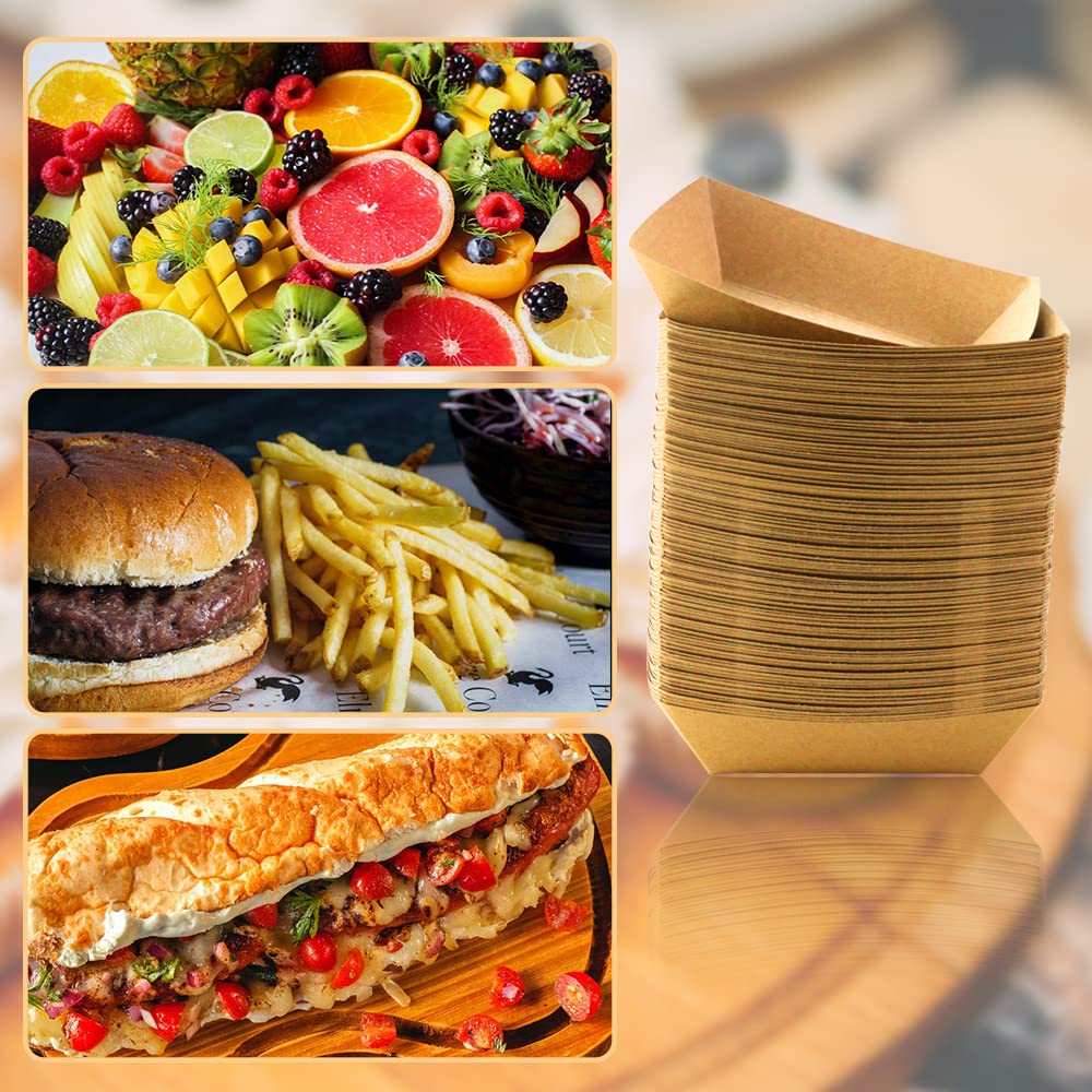 Oomcu 100 Pack 2 lb Heavy Duty Disposable Nacho Trays - Kraft Brown Paper Hot Dog & Taco Boats - Perfect for Party Snacks, French Fries, Takeout Food - Ideal for Cinemas, Sports Events & Catering Services