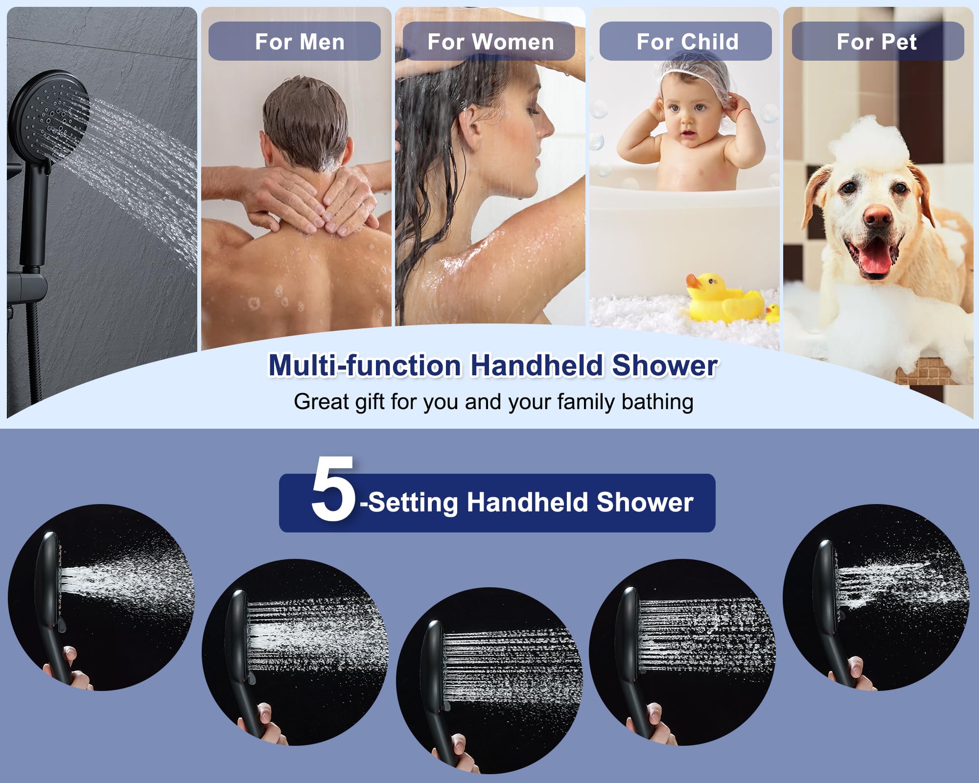 ROVATE Matte Black Shower Panel Tower System with 6 Body Jets, Rainfall Shower Head & Handheld - Adjustable Shower Arm, Self-Cleaning Stainless Steel Shower Column with Shelf - Perfect for Modern Bathroom & Spa Experience