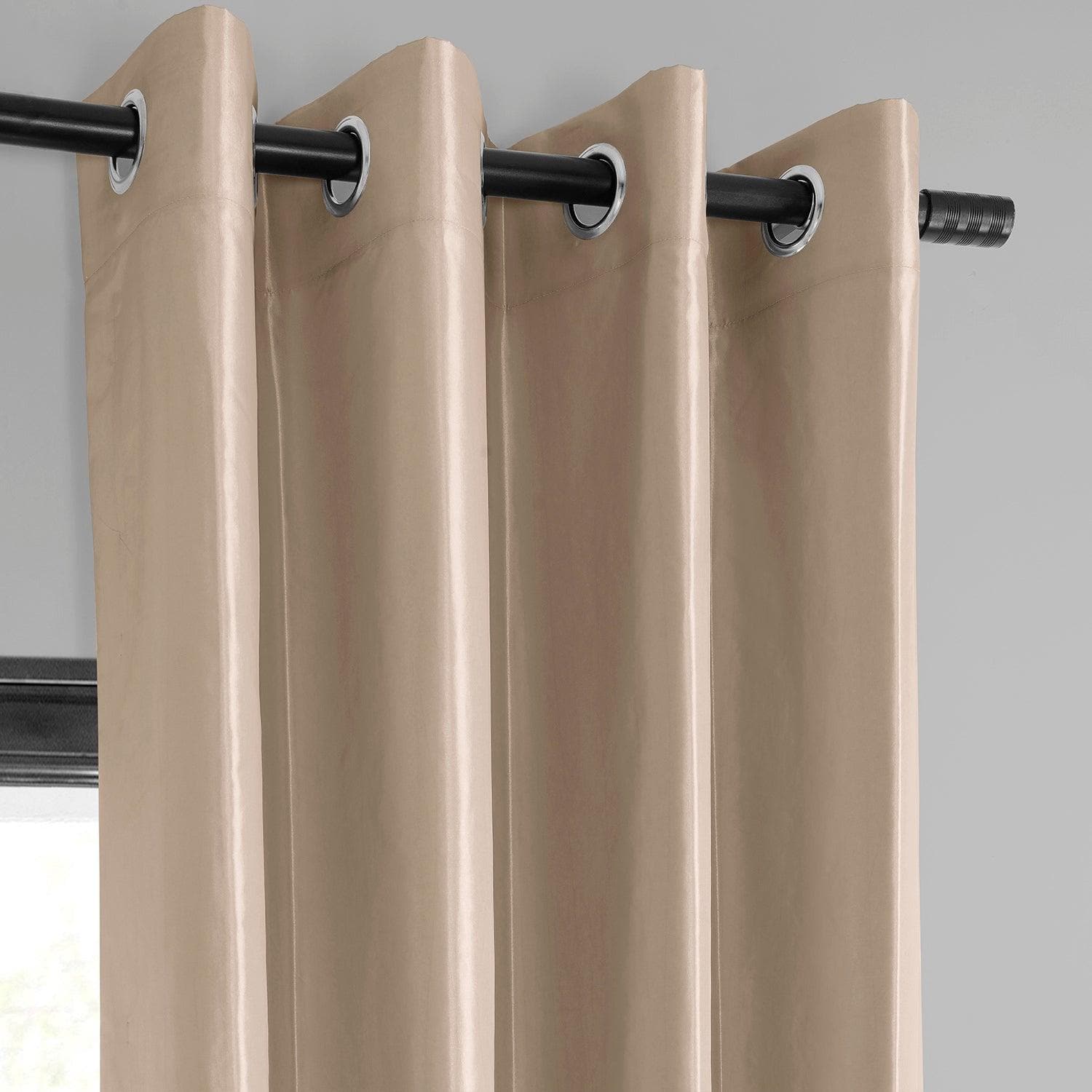 Antique Beige Grommet Faux Silk Taffeta Blackout Curtains - Elegant Light Blocking Window Drapes for Living Room & Bedroom (Set of 2 Panels)