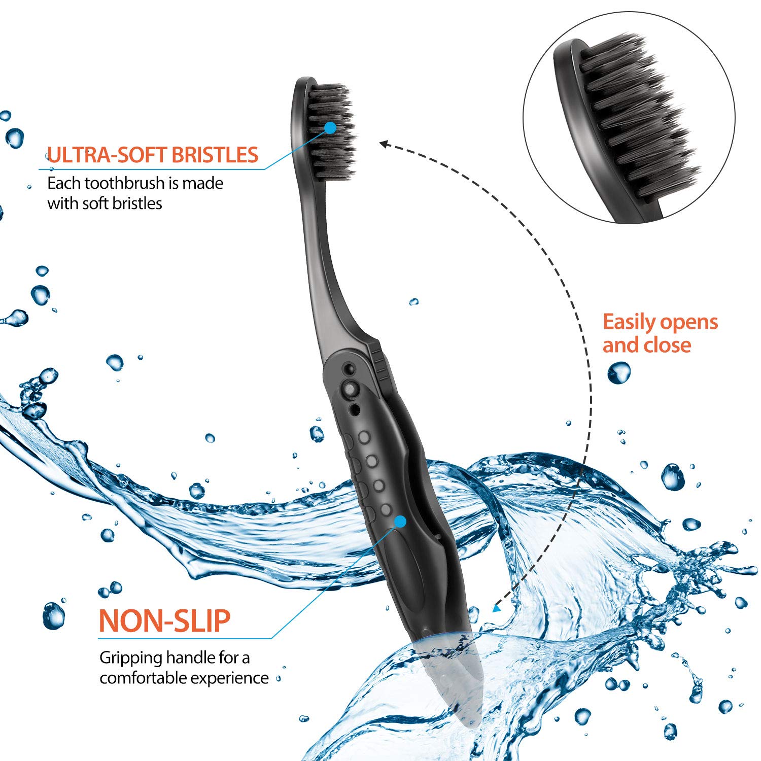 Boao 8-Pack Travel Toothbrushes - Individually Wrapped Black Folding Toothbrush for Travel, Camping & Hiking | Portable Charcoal Toothbrush with Soft/Medium Bristles | Perfect for Business Trips, Gym Bags & Emergency Kits