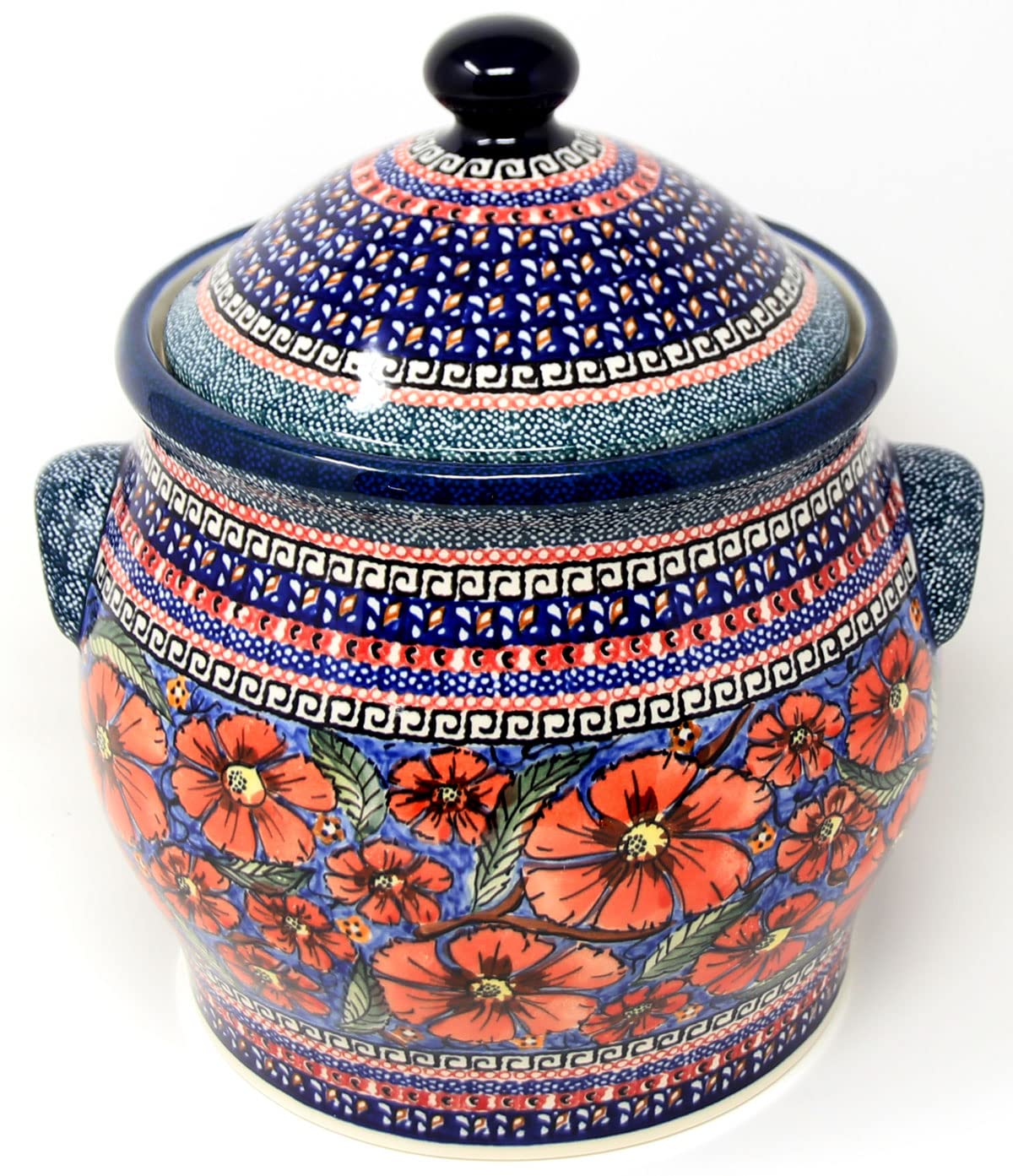 Extra Large 6 Quart Polish Pottery Cookie Jar & Canister - Hand-Painted Poppies Unikat Pattern by Lidia Kulka | Authentic Zaklady Ceramics | Perfect for Kitchen Storage & Home Decor